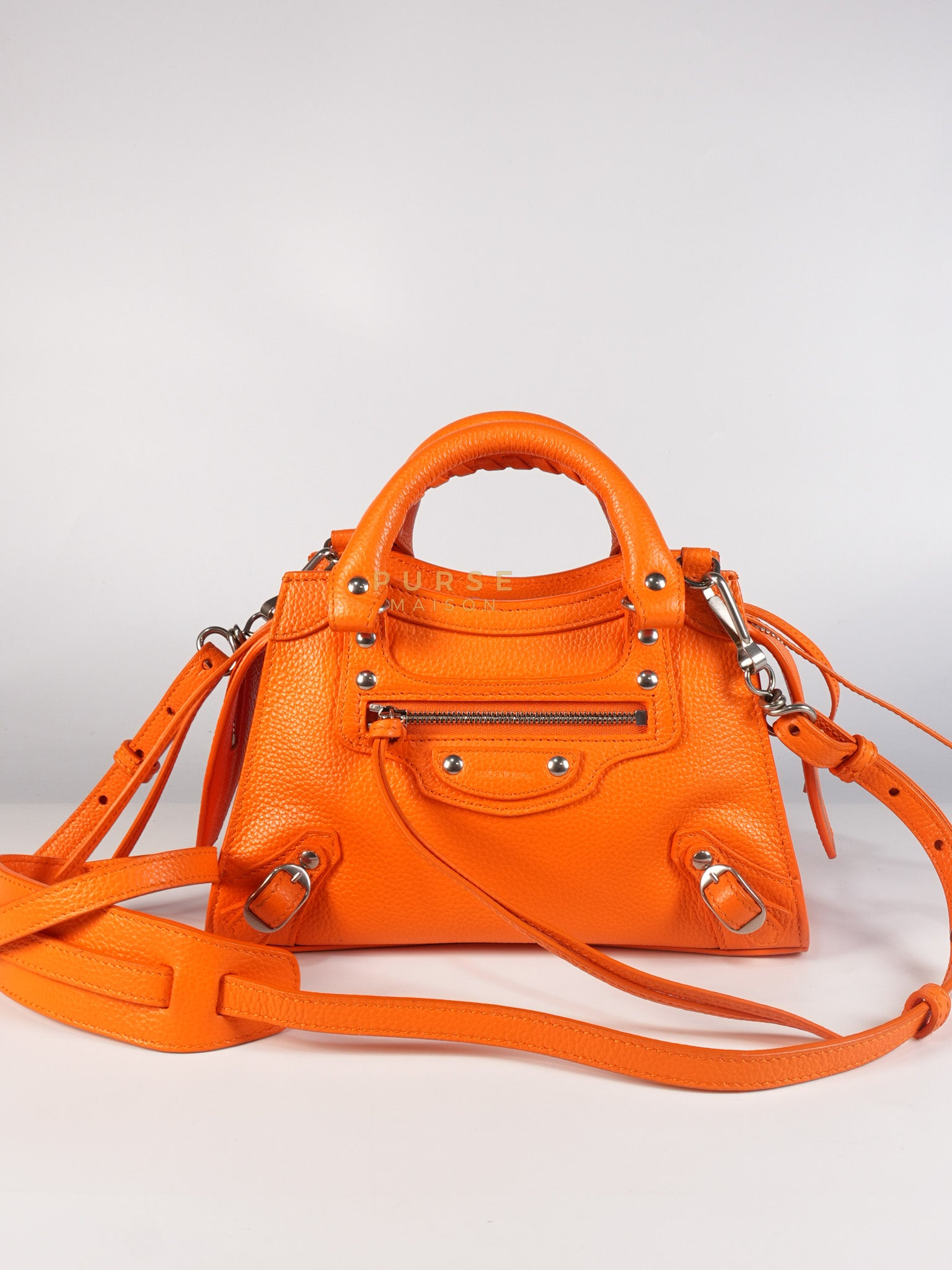 Neo Classic City Mini Handbag in Orange Grained Calfskin Leather & Silver Hardware | Purse Maison Luxury Bags Shop