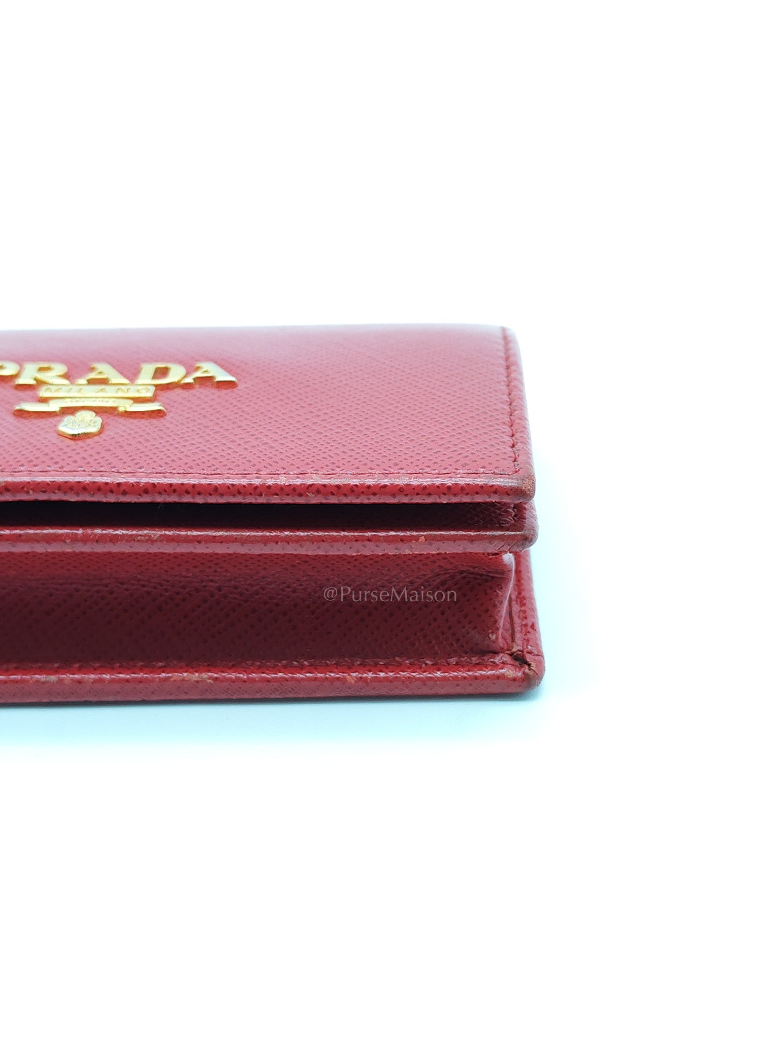 Card Case in Red Saffiano Leather & Gold Hardware