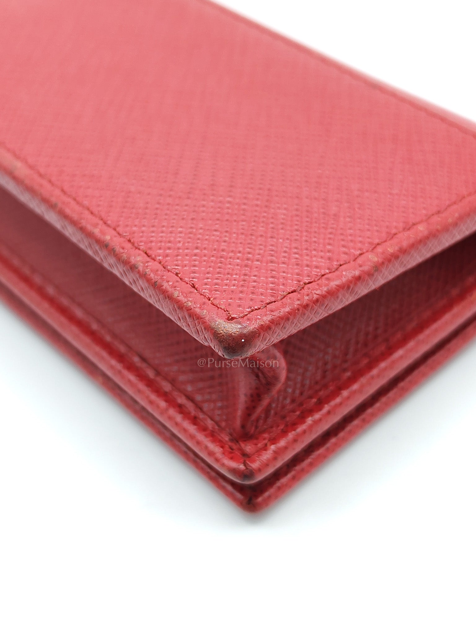Card Case in Red Saffiano Leather & Gold Hardware