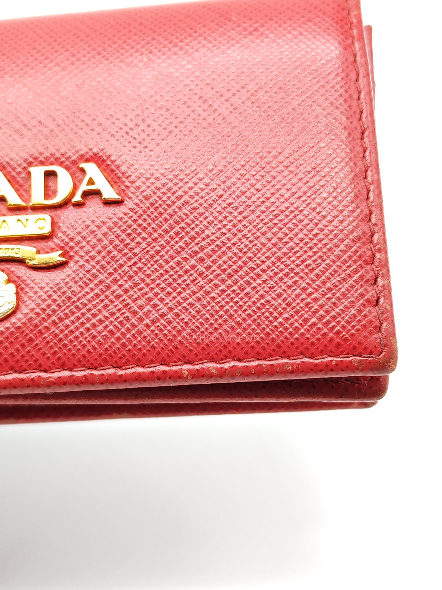 Card Case in Red Saffiano Leather & Gold Hardware