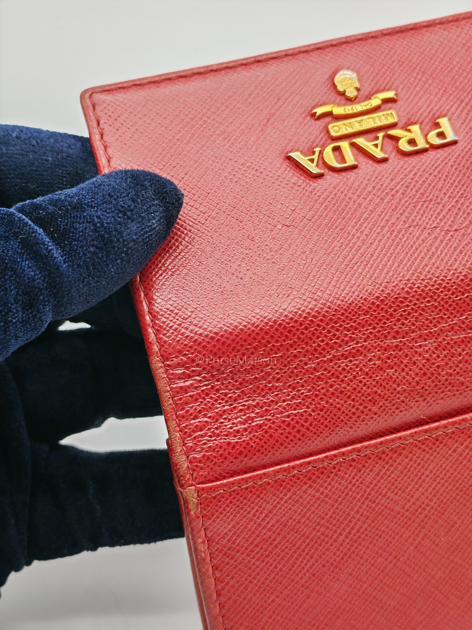 Card Case in Red Saffiano Leather & Gold Hardware
