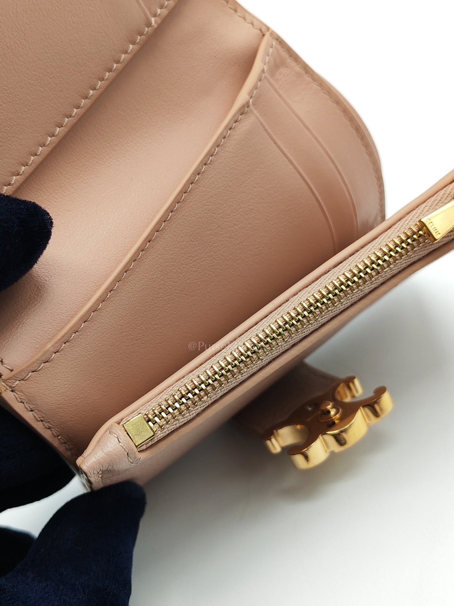 Fine Strap Wallet Nino in Peach Supple Grained Calsking Leather & Gold Hardware
