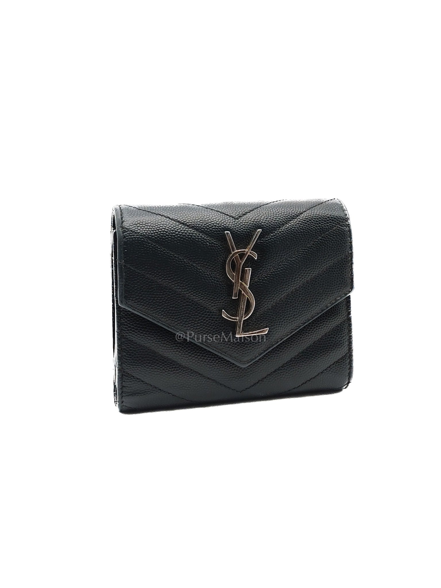Compact Tri-fold Wallet In Black Grain de Poudre Embossed Leather & Silver Hardware