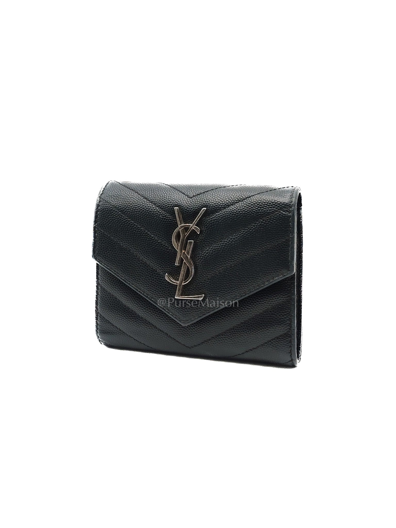 Compact Tri-fold Wallet In Black Grain de Poudre Embossed Leather & Silver Hardware