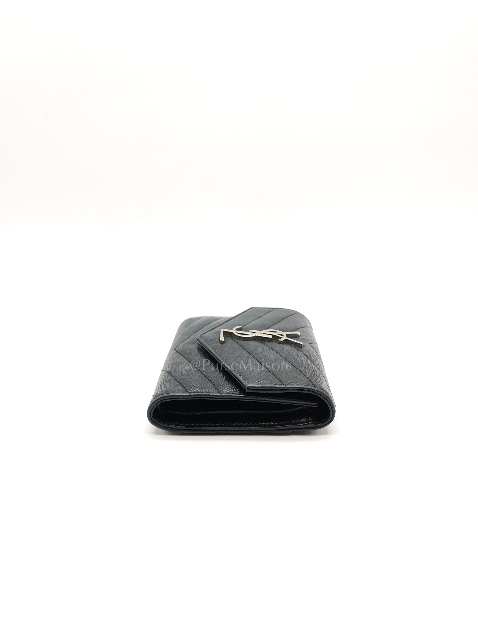 Compact Tri-fold Wallet In Black Grain de Poudre Embossed Leather & Silver Hardware