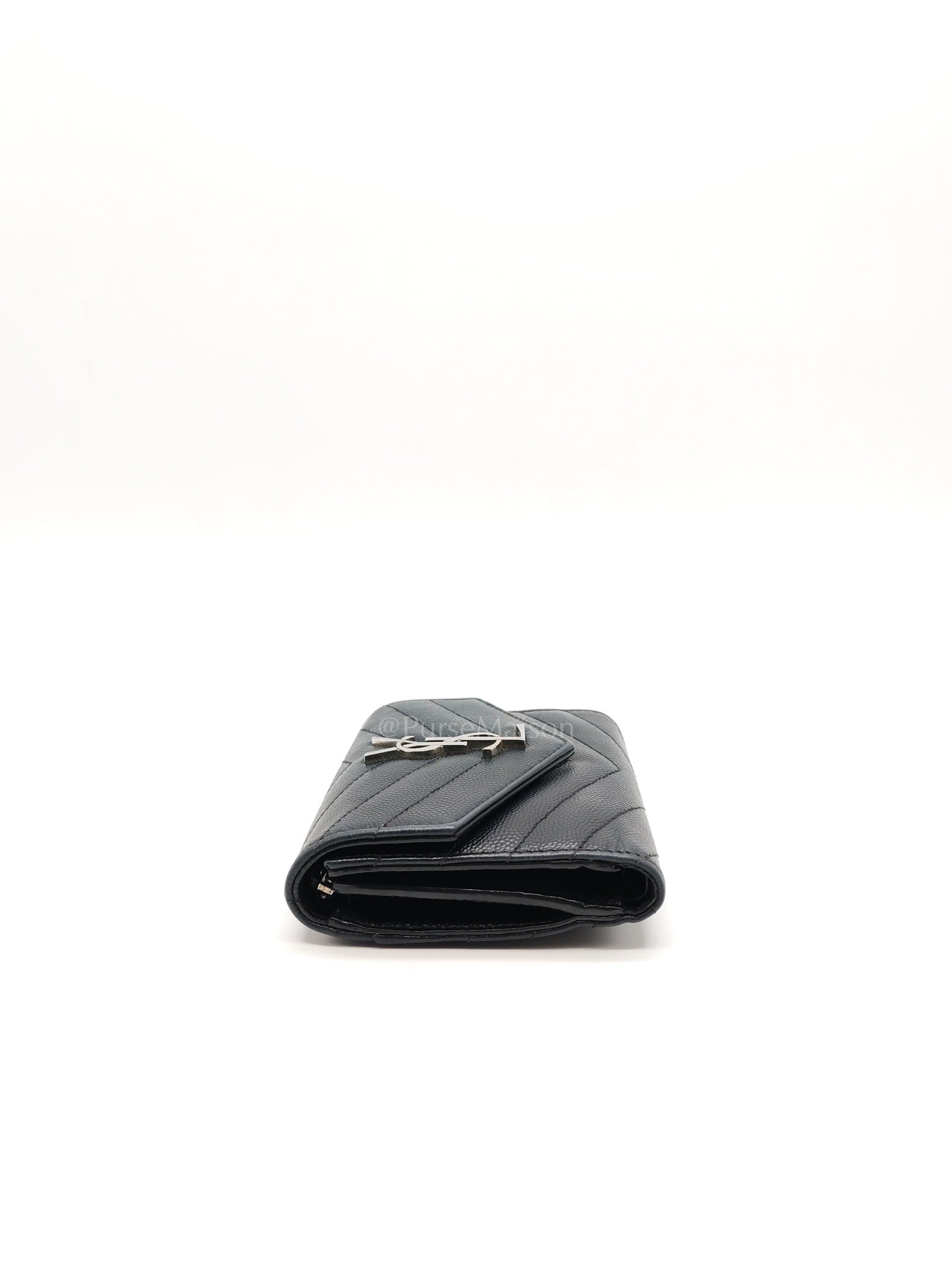Compact Tri-fold Wallet In Black Grain de Poudre Embossed Leather & Silver Hardware