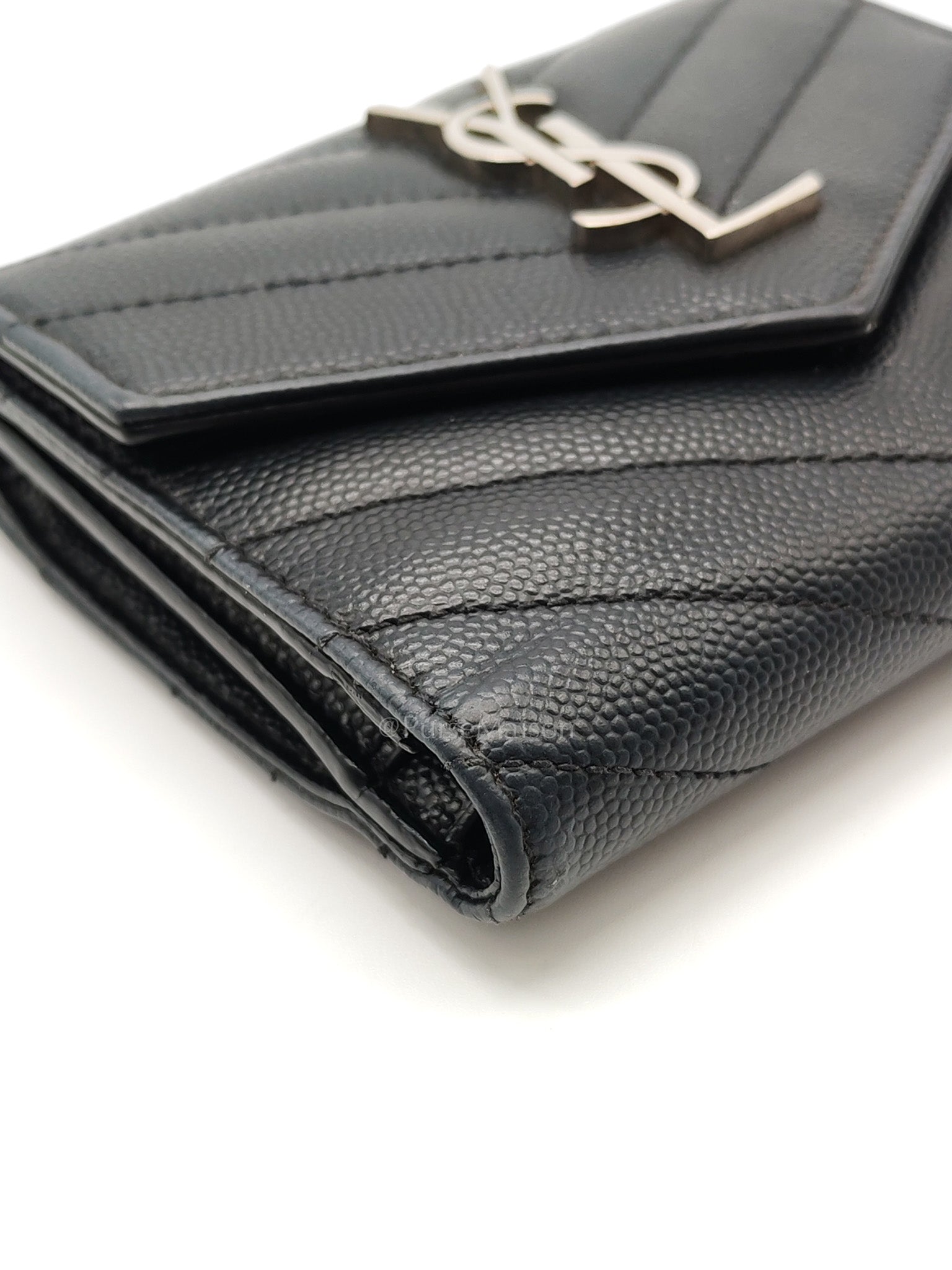 Compact Tri-fold Wallet In Black Grain de Poudre Embossed Leather & Silver Hardware