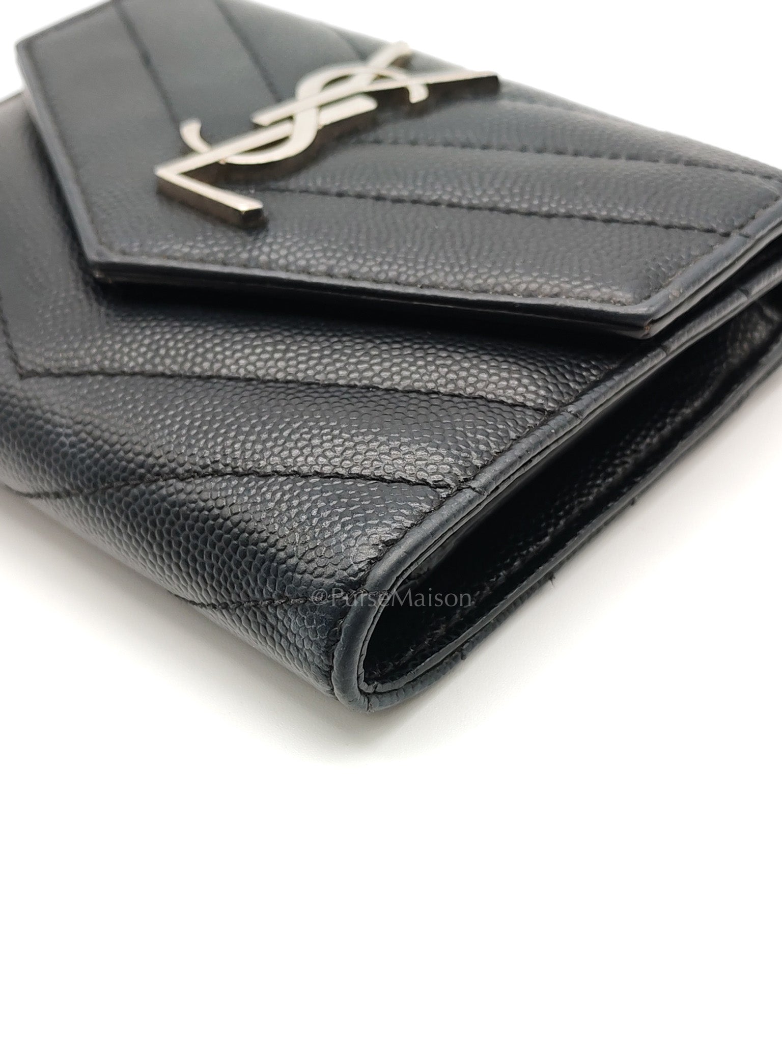 Compact Tri-fold Wallet In Black Grain de Poudre Embossed Leather & Silver Hardware
