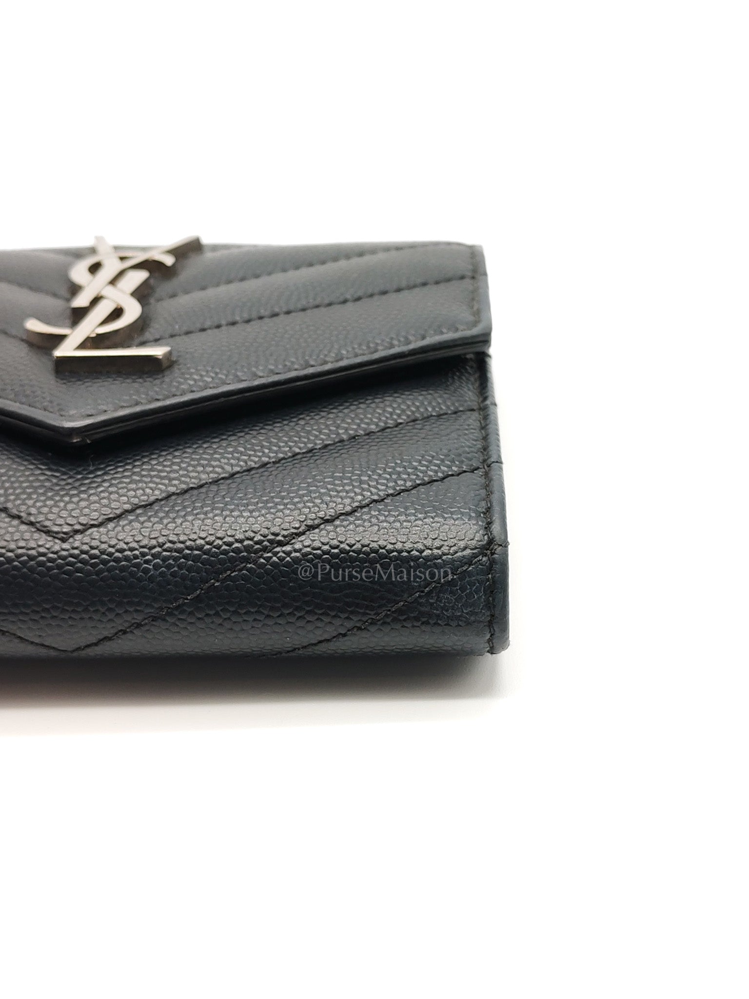 Compact Tri-fold Wallet In Black Grain de Poudre Embossed Leather & Silver Hardware