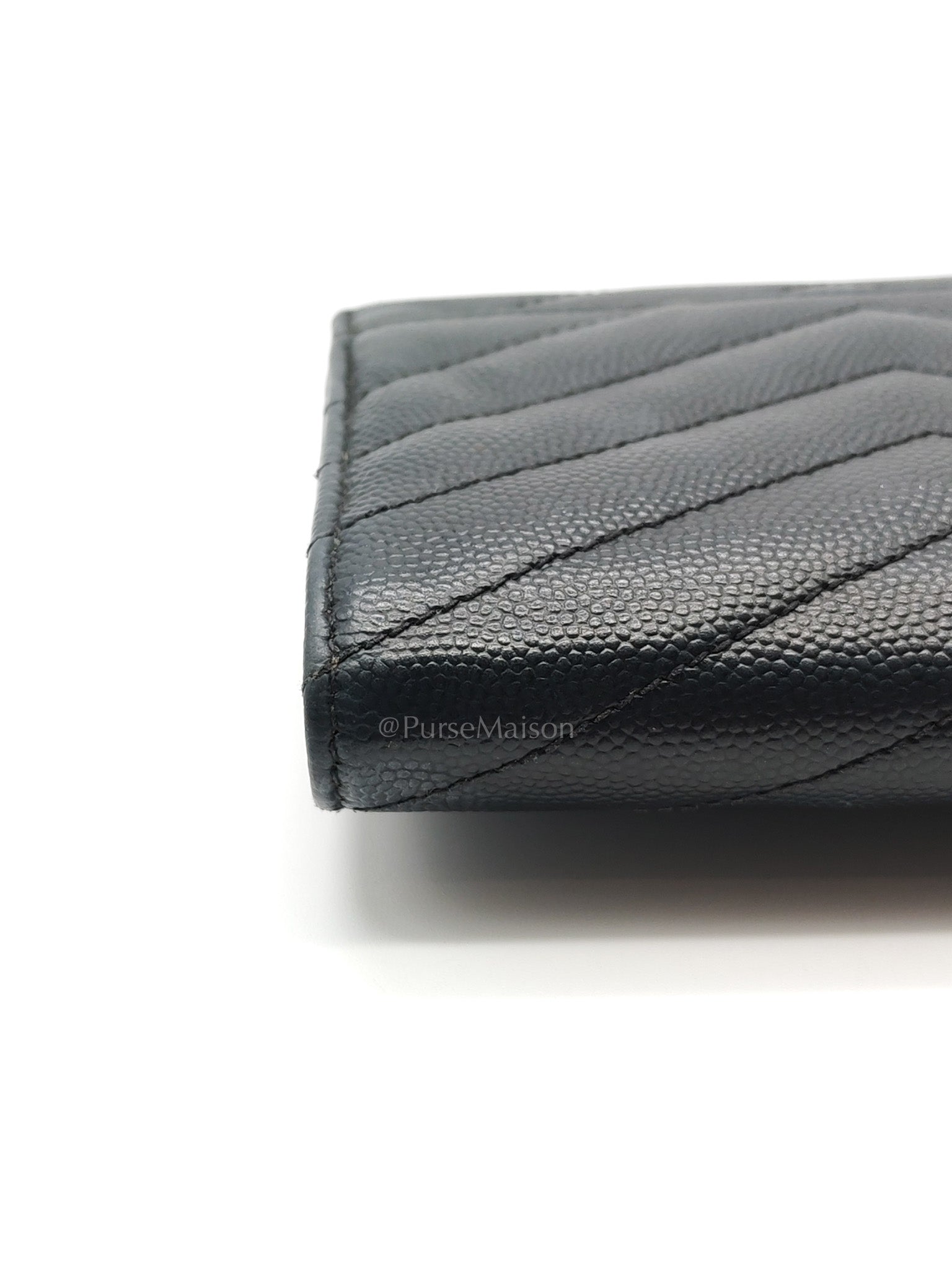 Compact Tri-fold Wallet In Black Grain de Poudre Embossed Leather & Silver Hardware