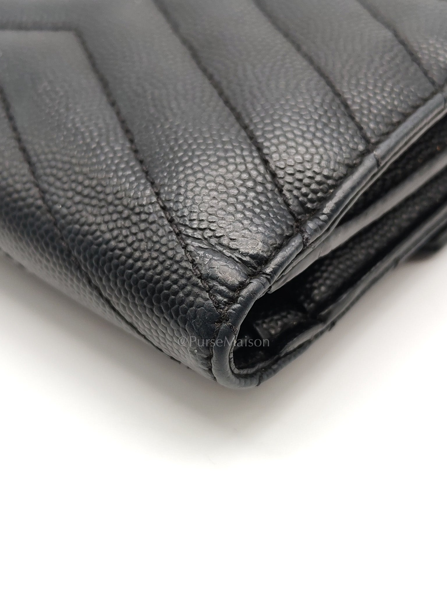 Compact Tri-fold Wallet In Black Grain de Poudre Embossed Leather & Silver Hardware