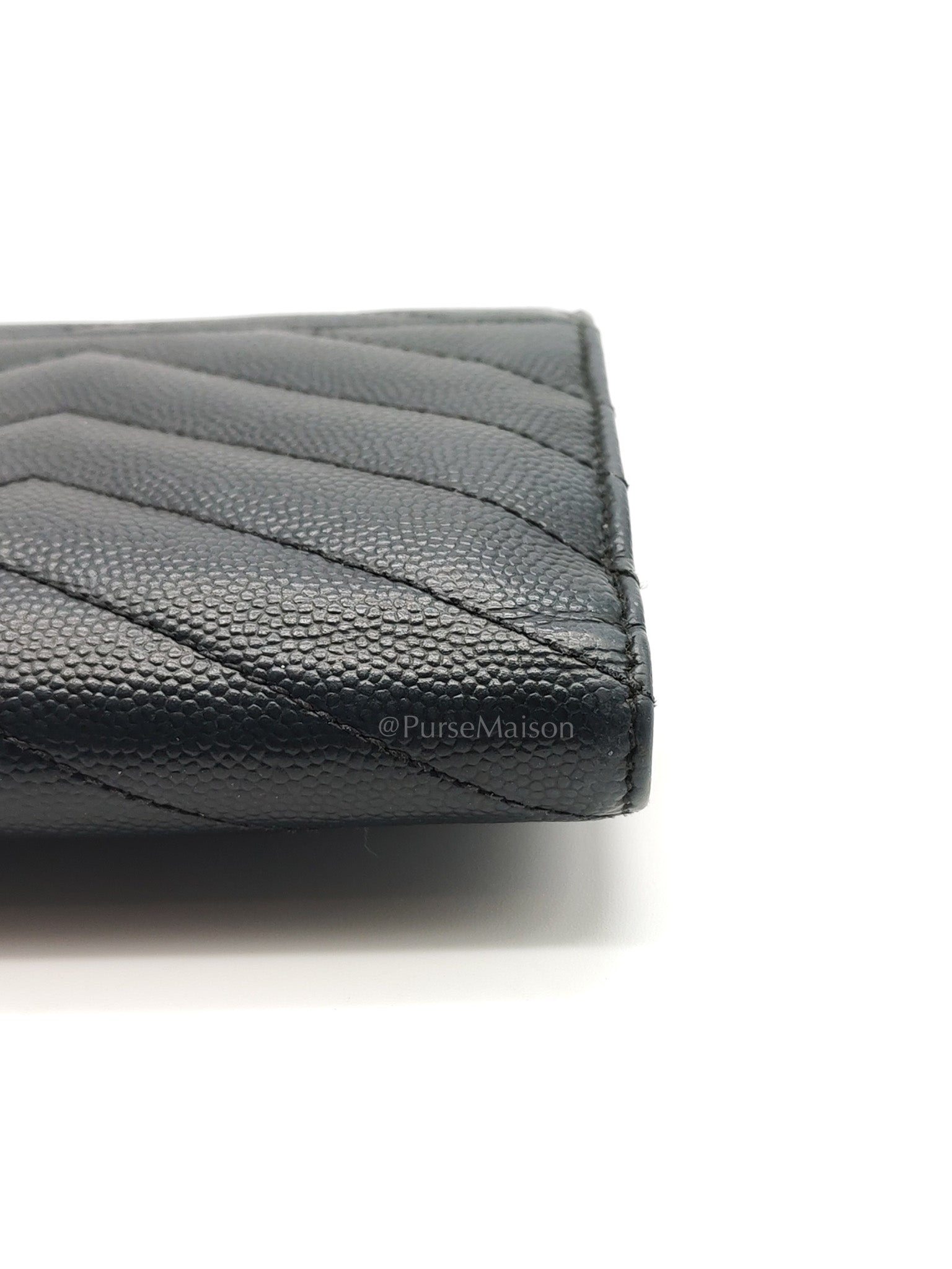 Compact Tri-fold Wallet In Black Grain de Poudre Embossed Leather & Silver Hardware