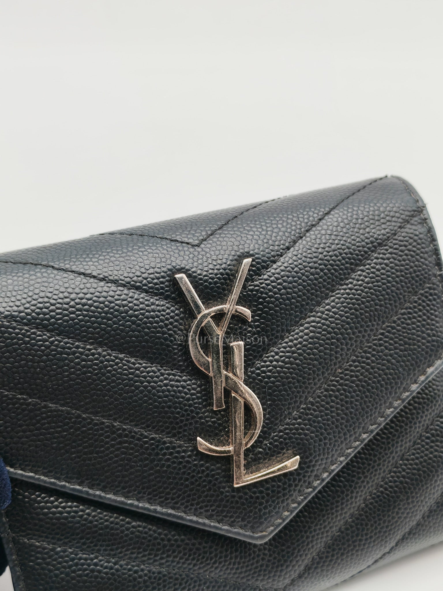 Compact Tri-fold Wallet In Black Grain de Poudre Embossed Leather & Silver Hardware