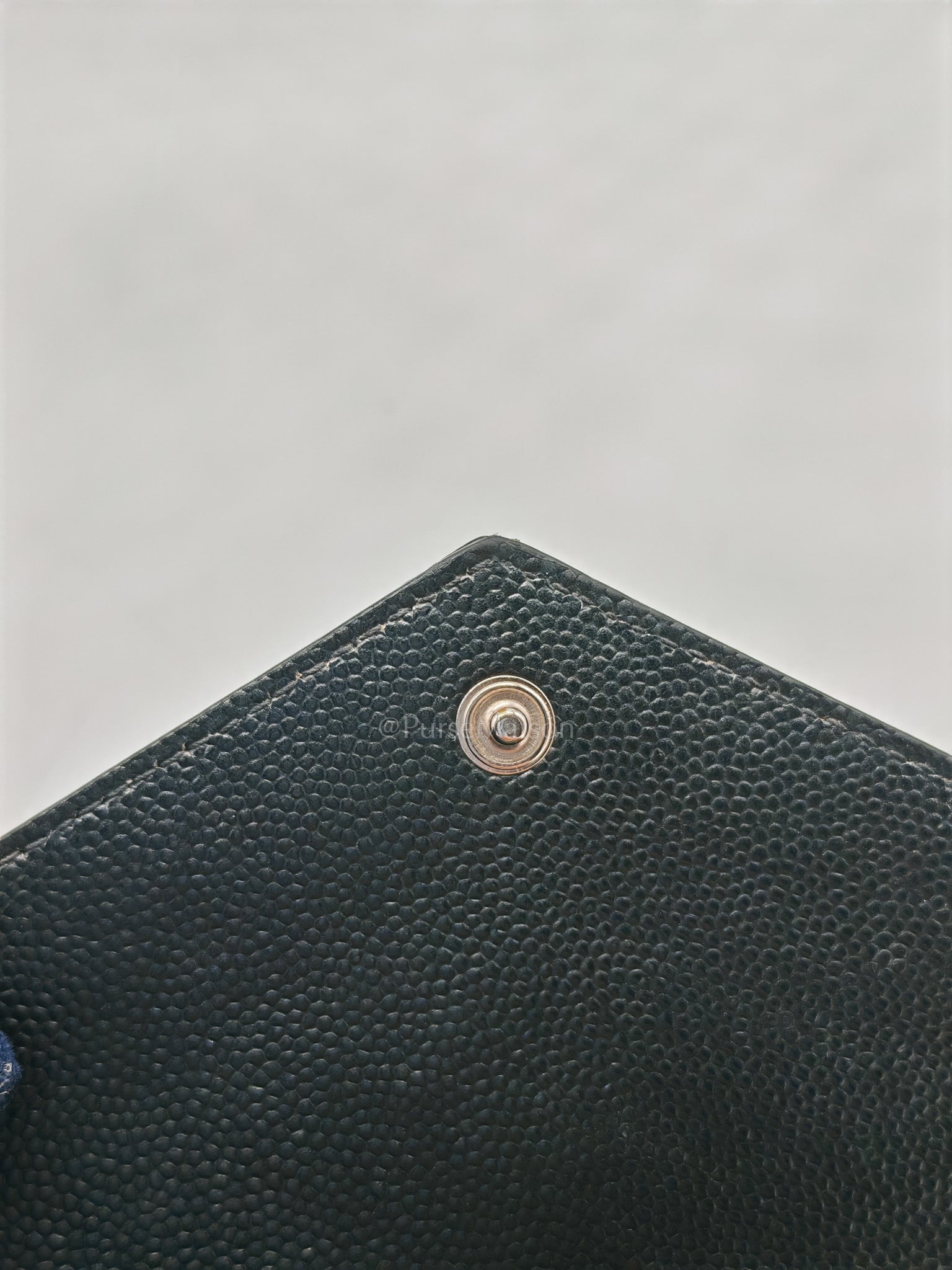 Compact Tri-fold Wallet In Black Grain de Poudre Embossed Leather & Silver Hardware