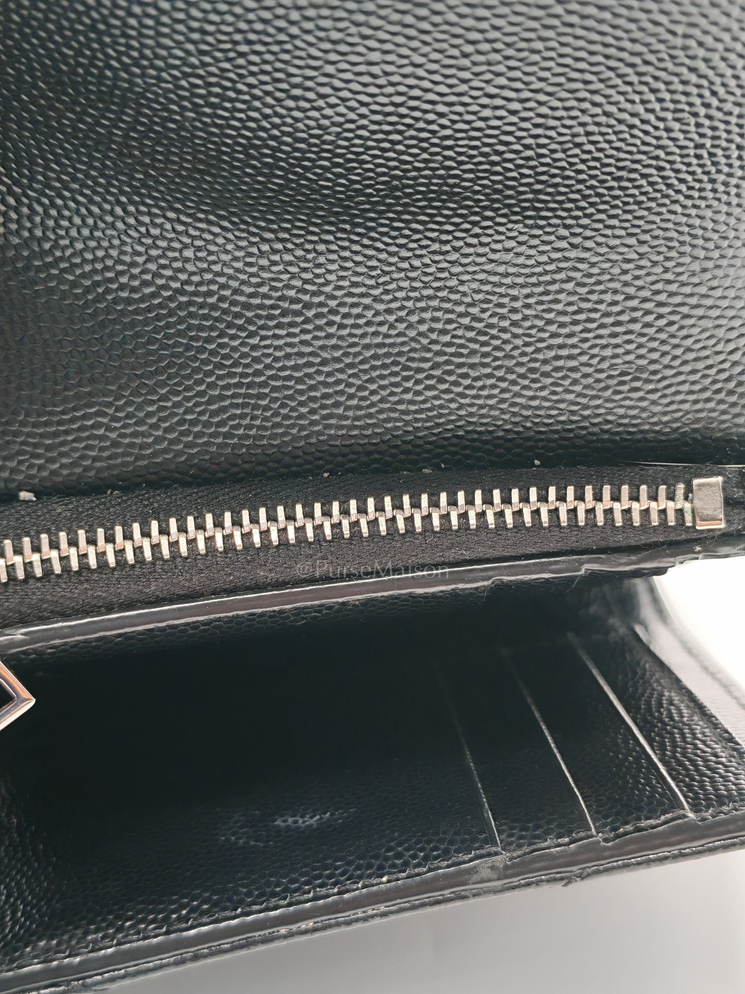 Compact Tri-fold Wallet In Black Grain de Poudre Embossed Leather & Silver Hardware