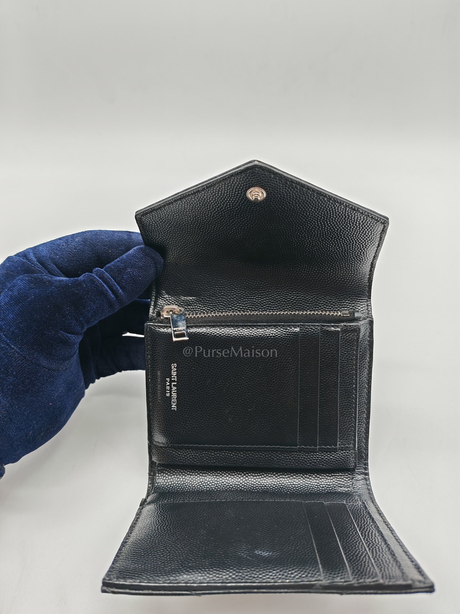 Compact Tri-fold Wallet In Black Grain de Poudre Embossed Leather & Silver Hardware