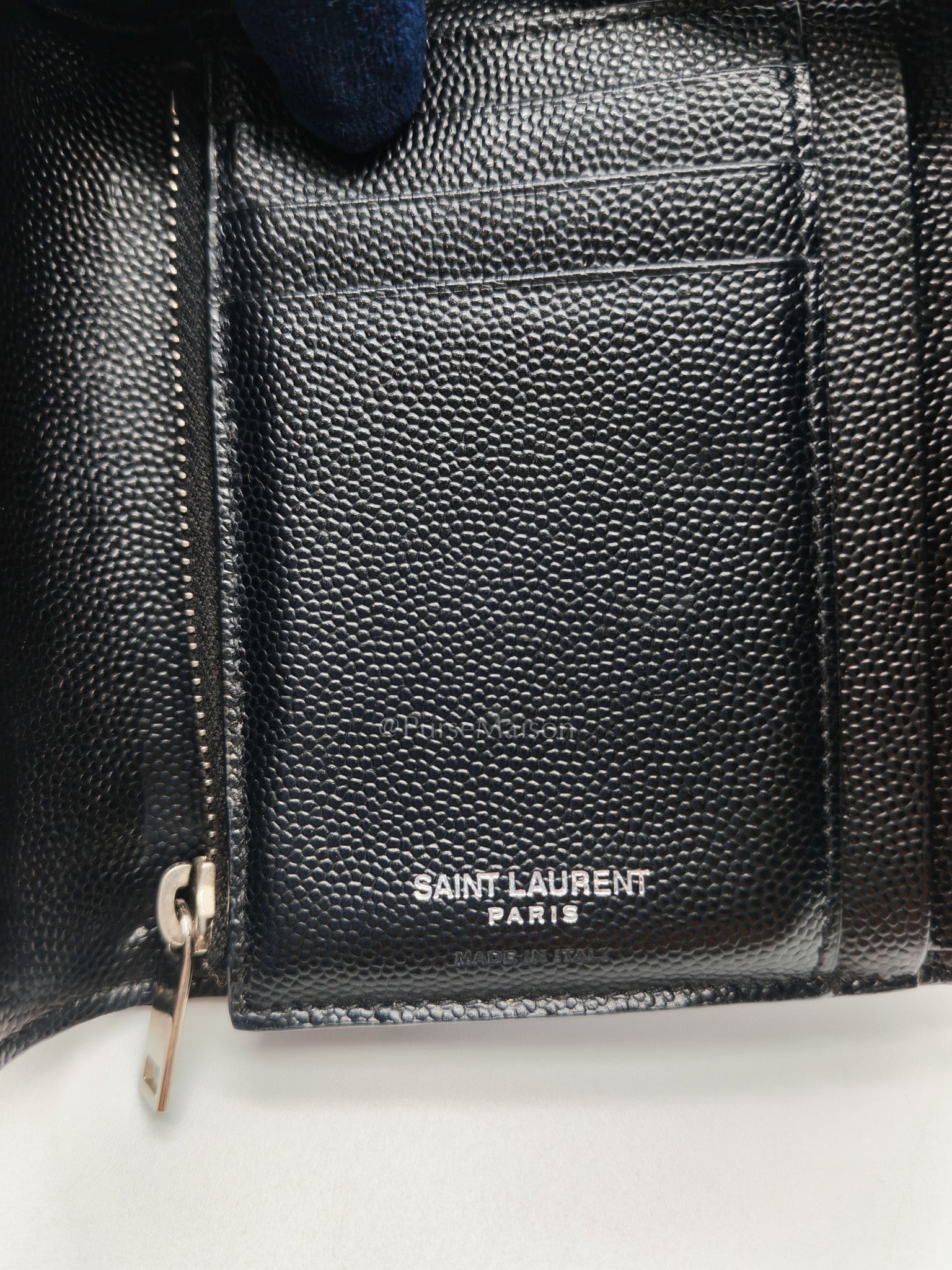 Compact Tri-fold Wallet In Black Grain de Poudre Embossed Leather & Silver Hardware