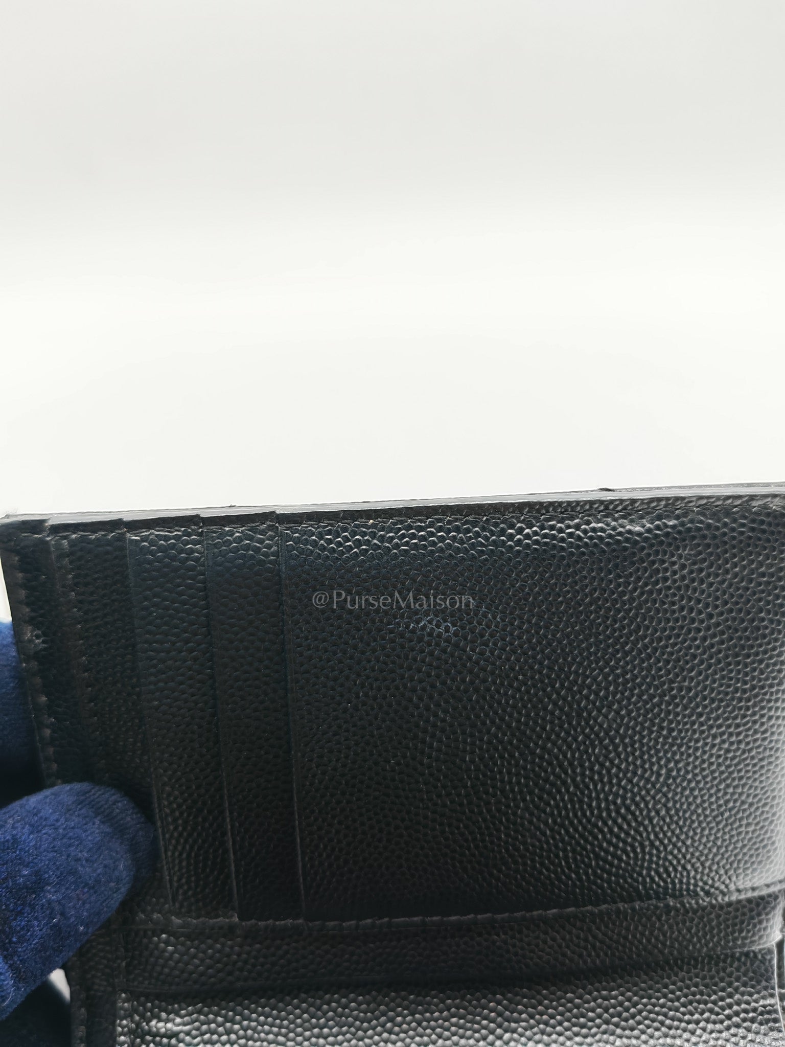 Compact Tri-fold Wallet In Black Grain de Poudre Embossed Leather & Silver Hardware