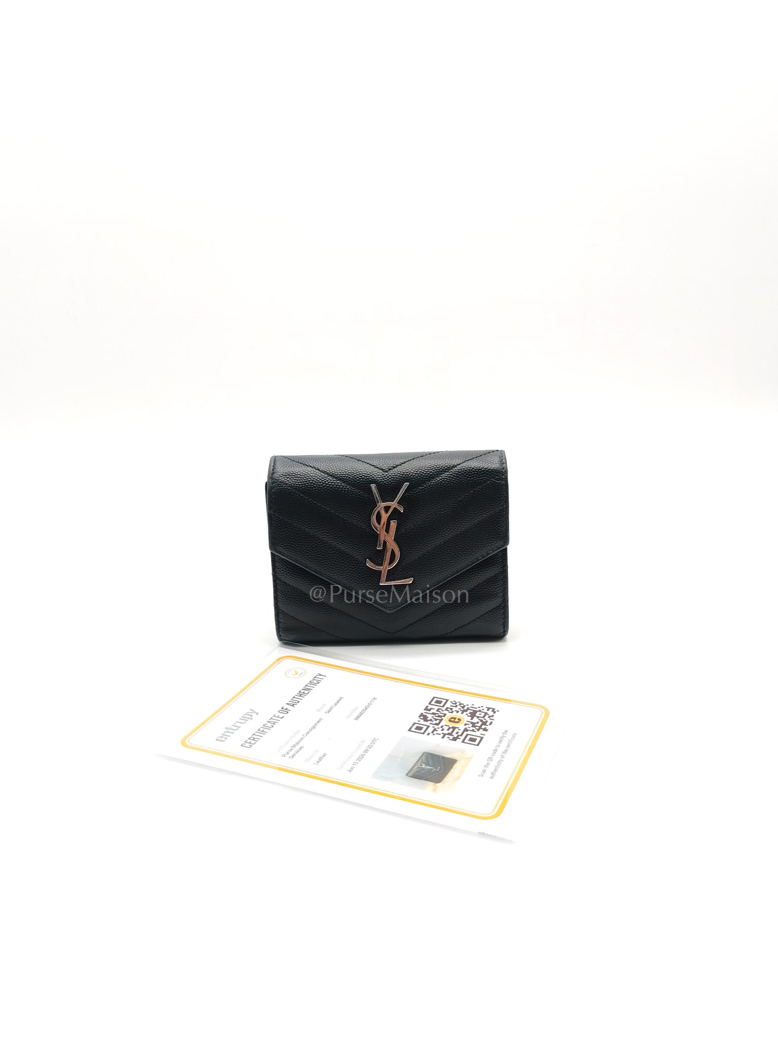 Compact Tri-fold Wallet In Black Grain de Poudre Embossed Leather & Silver Hardware