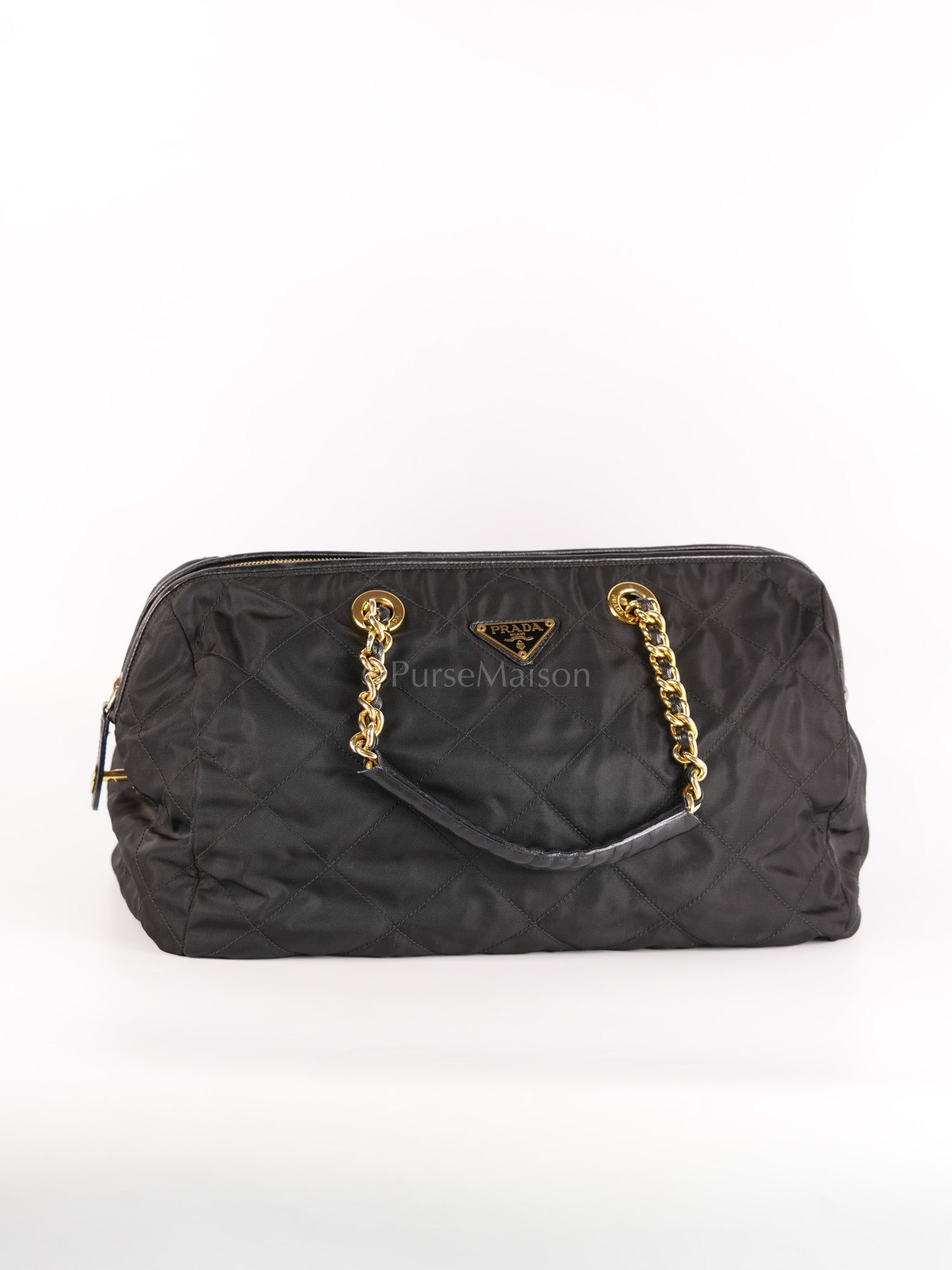 Nylon Boston Duffle Bag in Black Quilted Tessuto with Chain Strap | Purse Maison Luxury Bags Shop