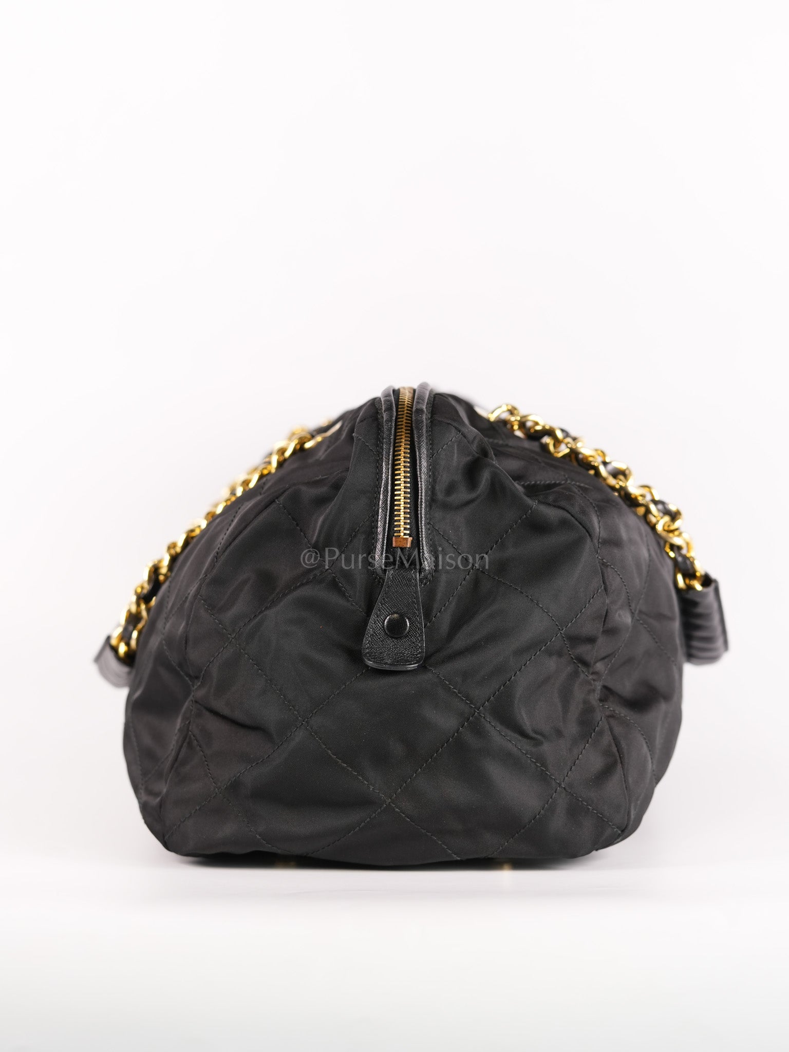 Nylon Boston Duffle Bag in Black Quilted Tessuto with Chain Strap | Purse Maison Luxury Bags Shop