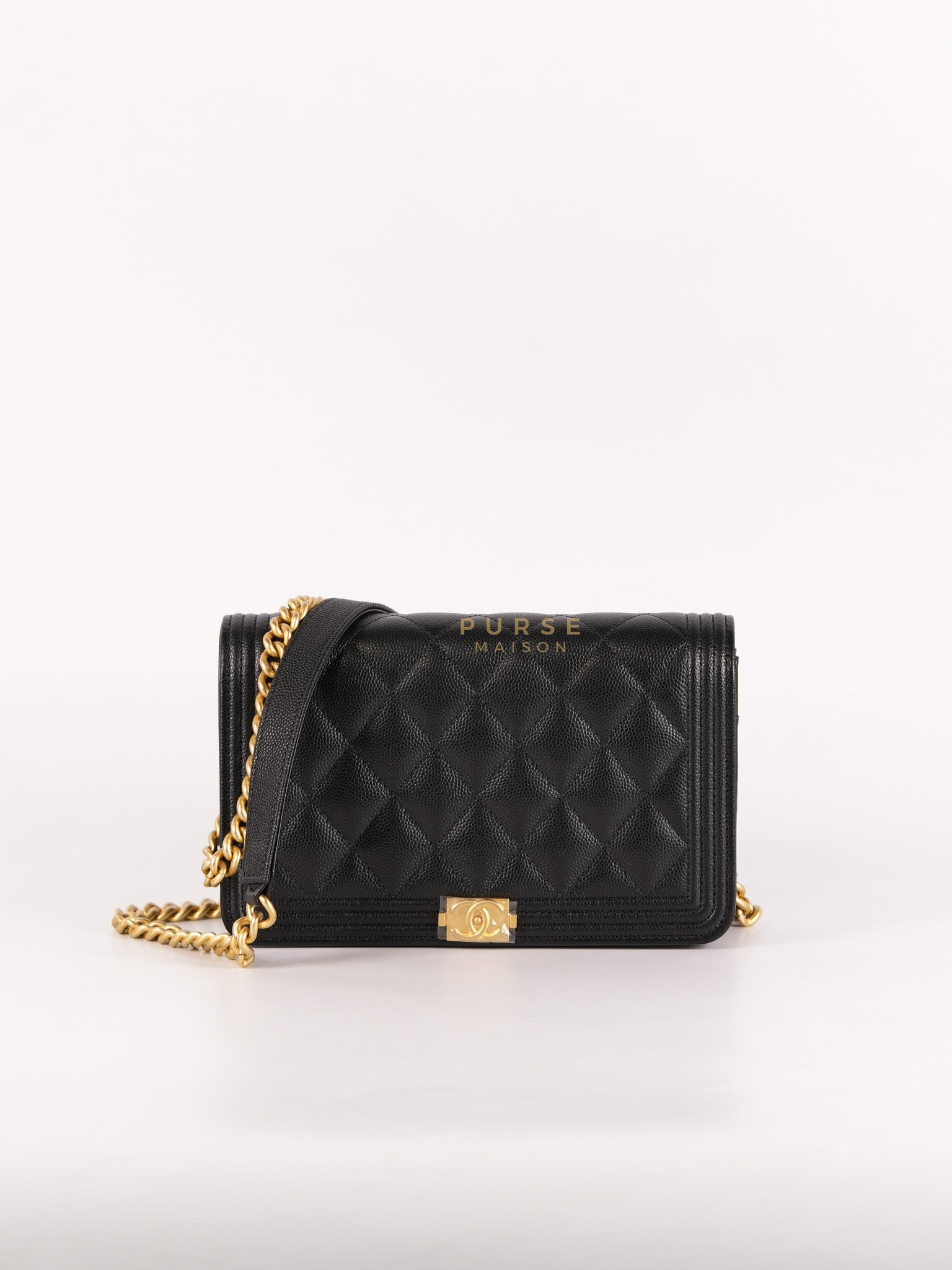 Le Boy Wallet On Chain in Black Caviar Leather Aged Gold Hardware (Microchip)