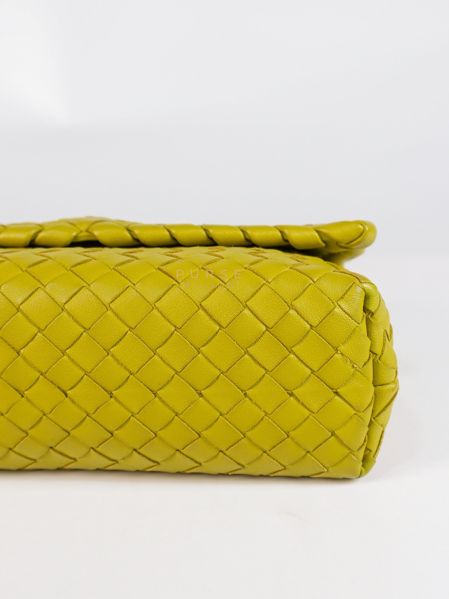 Olimpia Bag in Lime Green Intrecciato Woven Nappa Leather | Purse Maison Luxury Bags Shop
