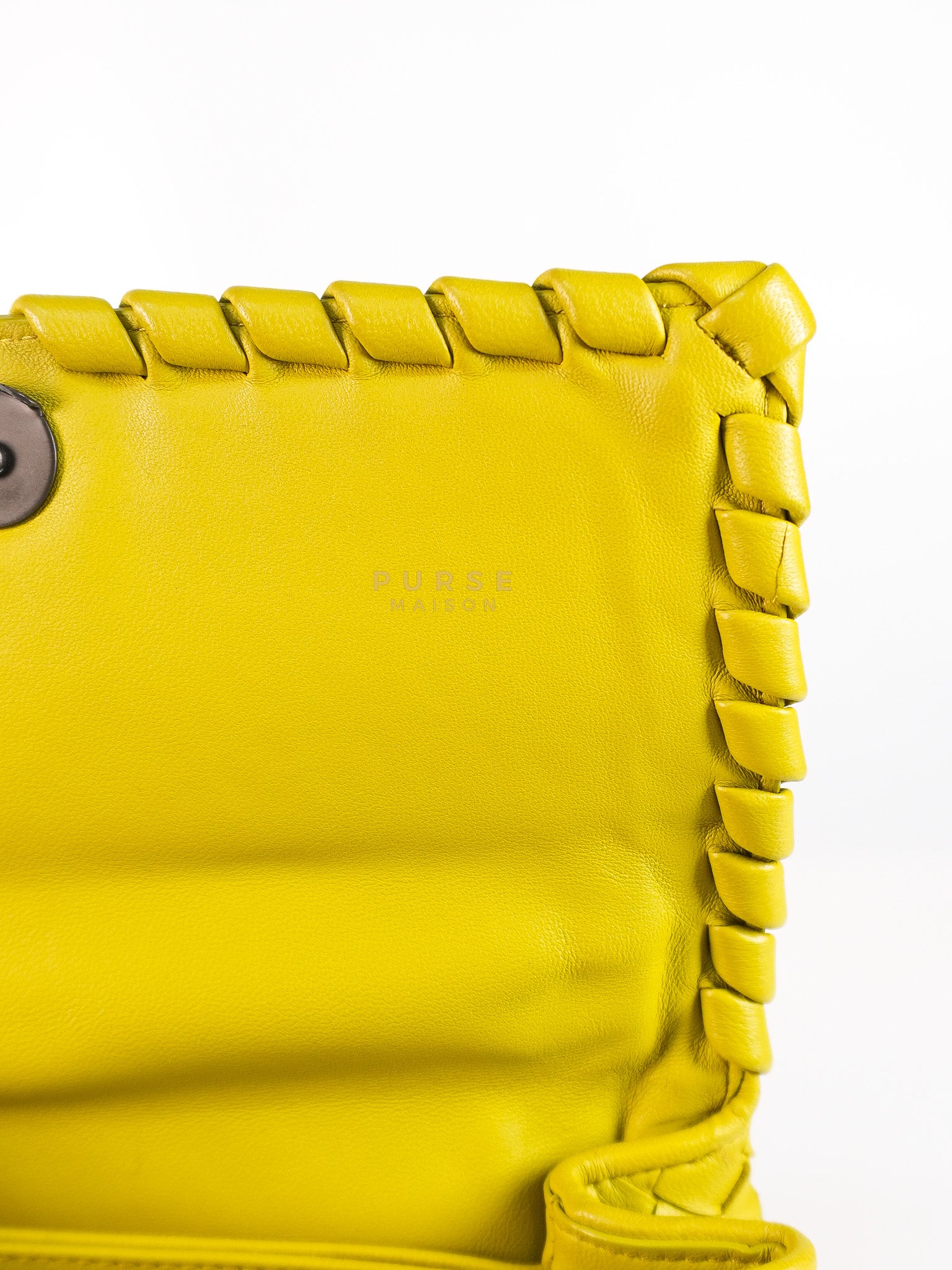 Olimpia Bag in Lime Green Intrecciato Woven Nappa Leather | Purse Maison Luxury Bags Shop