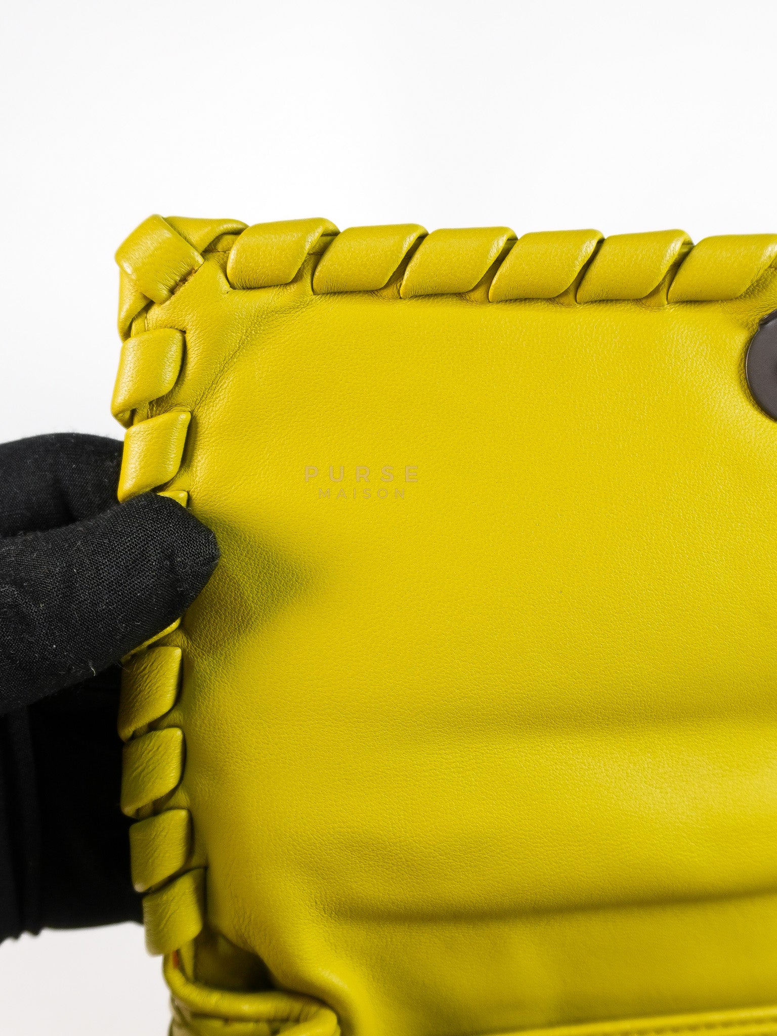 Olimpia Bag in Lime Green Intrecciato Woven Nappa Leather | Purse Maison Luxury Bags Shop