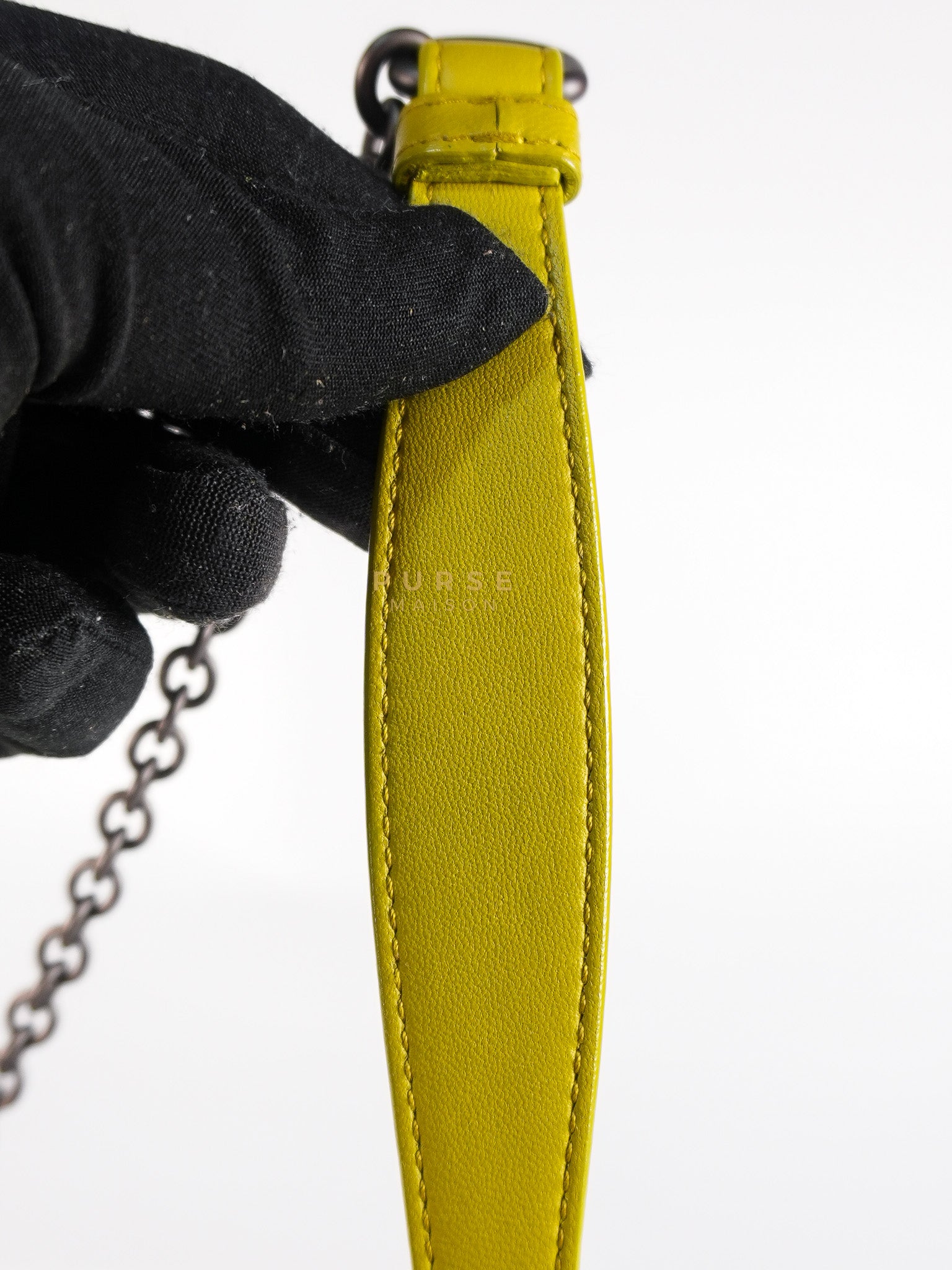 Olimpia Bag in Lime Green Intrecciato Woven Nappa Leather | Purse Maison Luxury Bags Shop