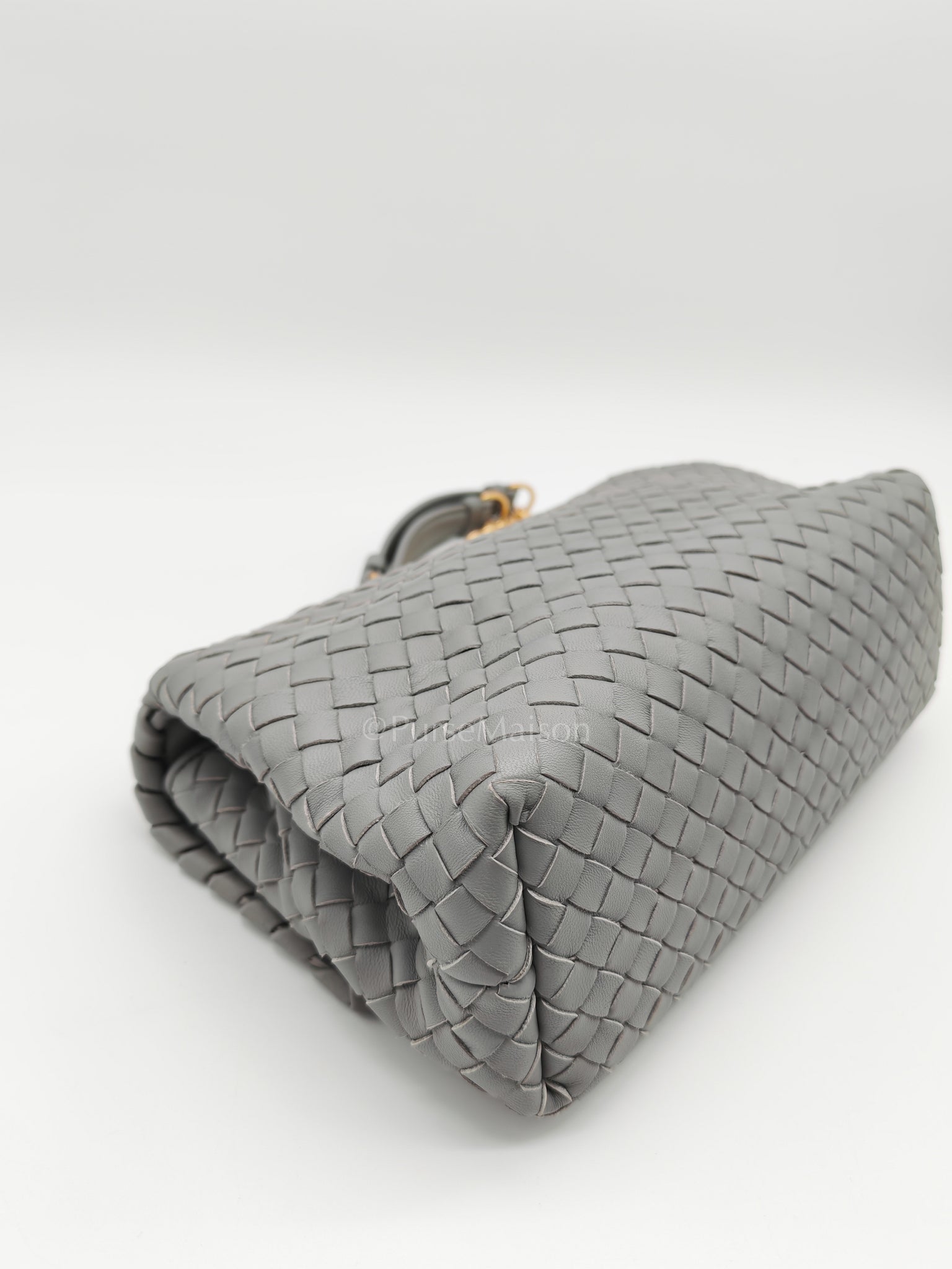 Olimpia Bag Small in Gray Intrecciato Nappa Leather & Gold Hardware | Purse Maison Luxury Bags Shop