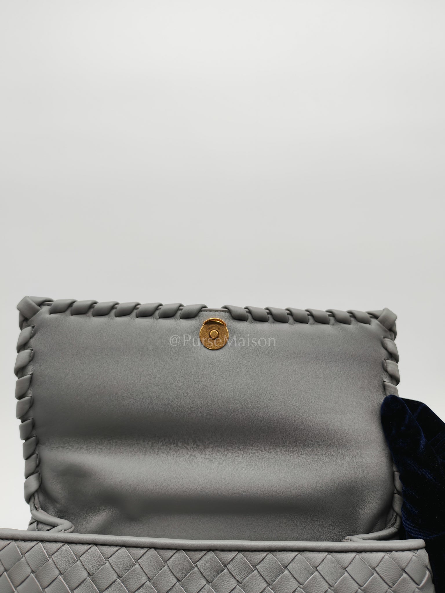 Olimpia Bag Small in Gray Intrecciato Nappa Leather & Gold Hardware | Purse Maison Luxury Bags Shop
