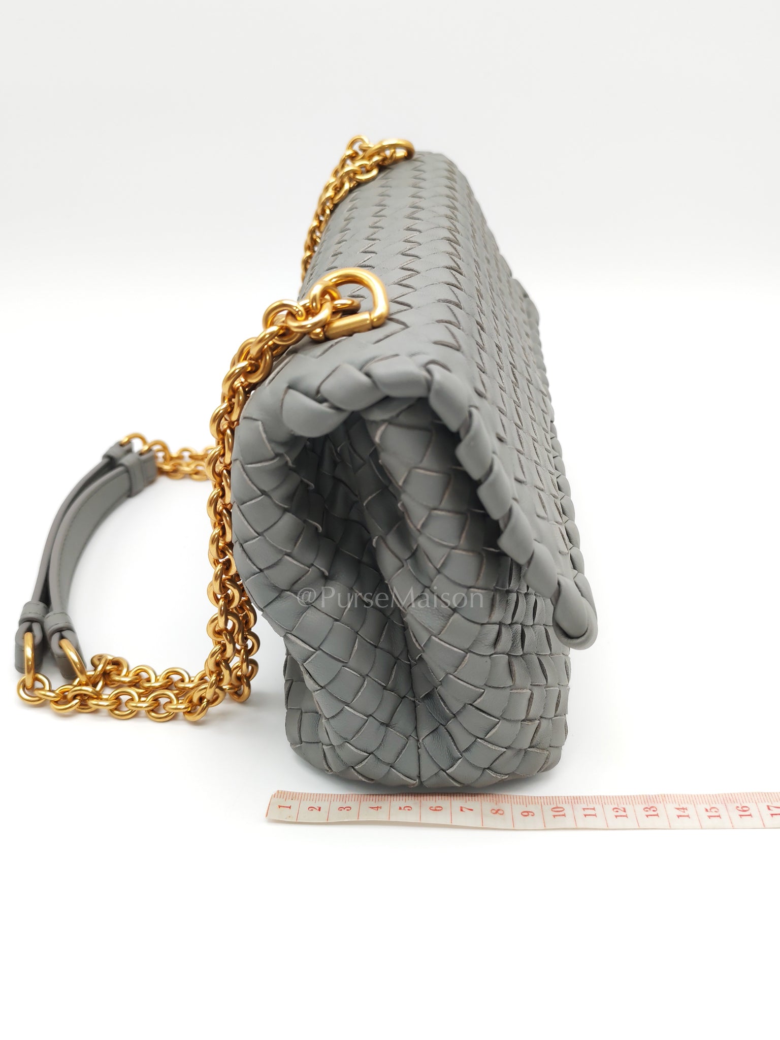 Olimpia Bag Small in Gray Intrecciato Nappa Leather & Gold Hardware | Purse Maison Luxury Bags Shop