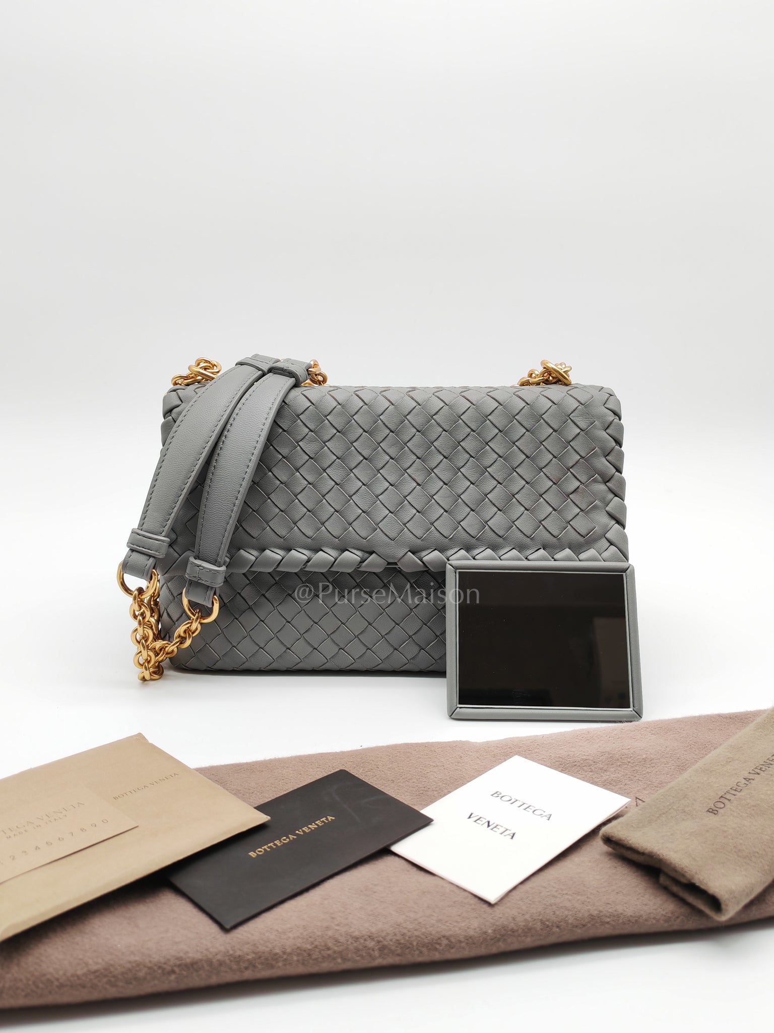 Olimpia Bag Small in Gray Intrecciato Nappa Leather & Gold Hardware | Purse Maison Luxury Bags Shop