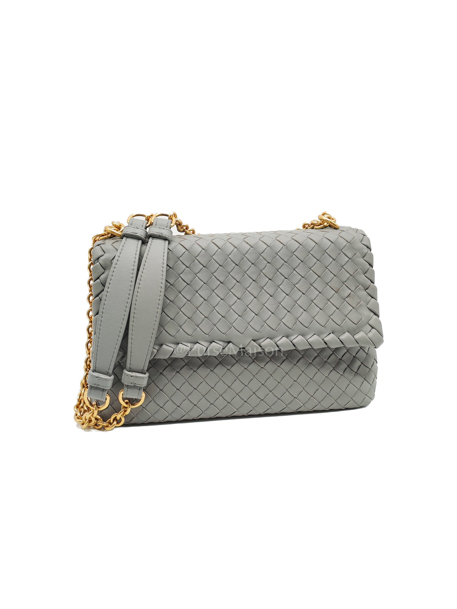 Olimpia Bag Small in Gray Intrecciato Nappa Leather & Gold Hardware | Purse Maison Luxury Bags Shop