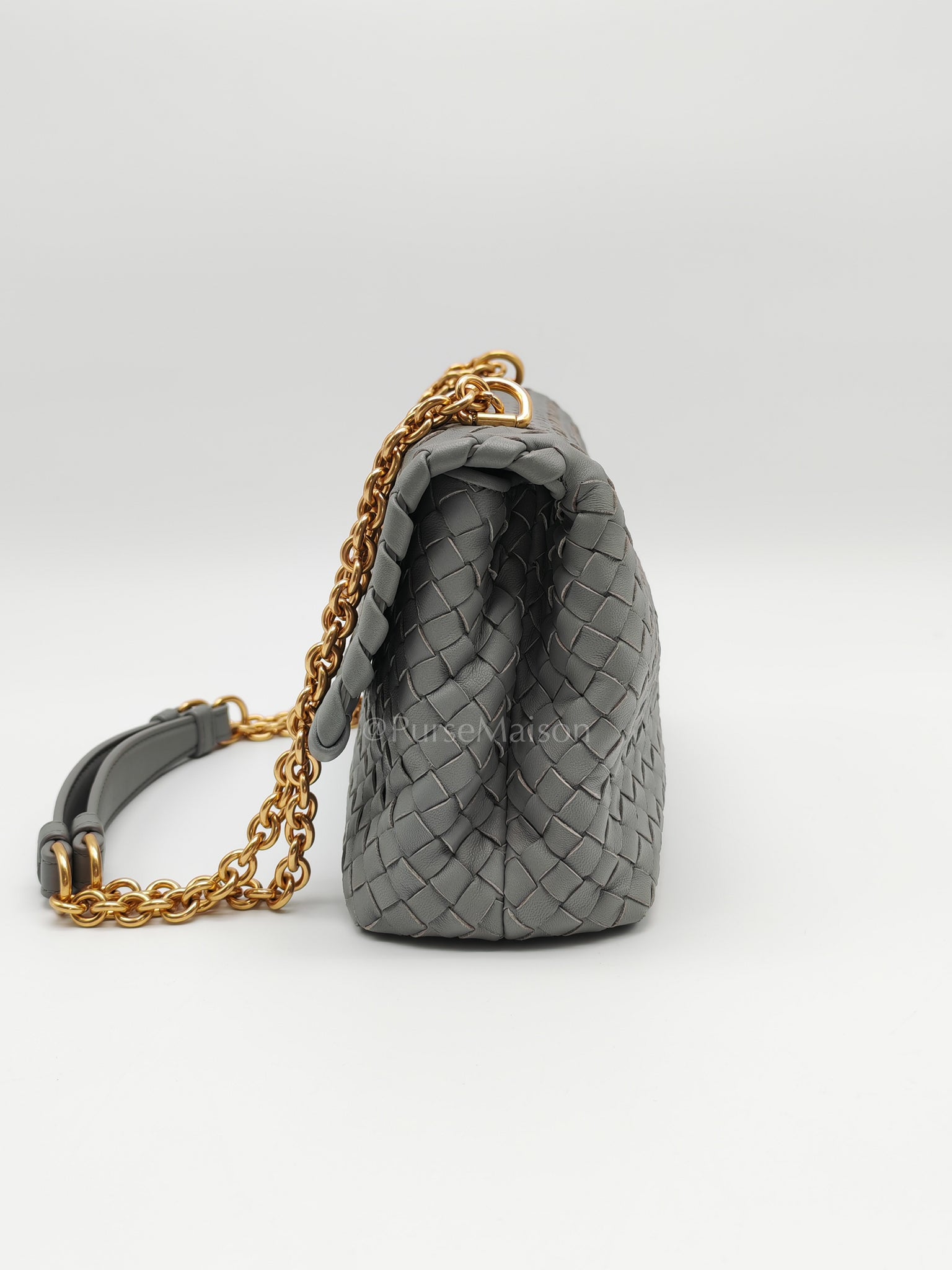 Olimpia Bag Small in Gray Intrecciato Nappa Leather & Gold Hardware | Purse Maison Luxury Bags Shop