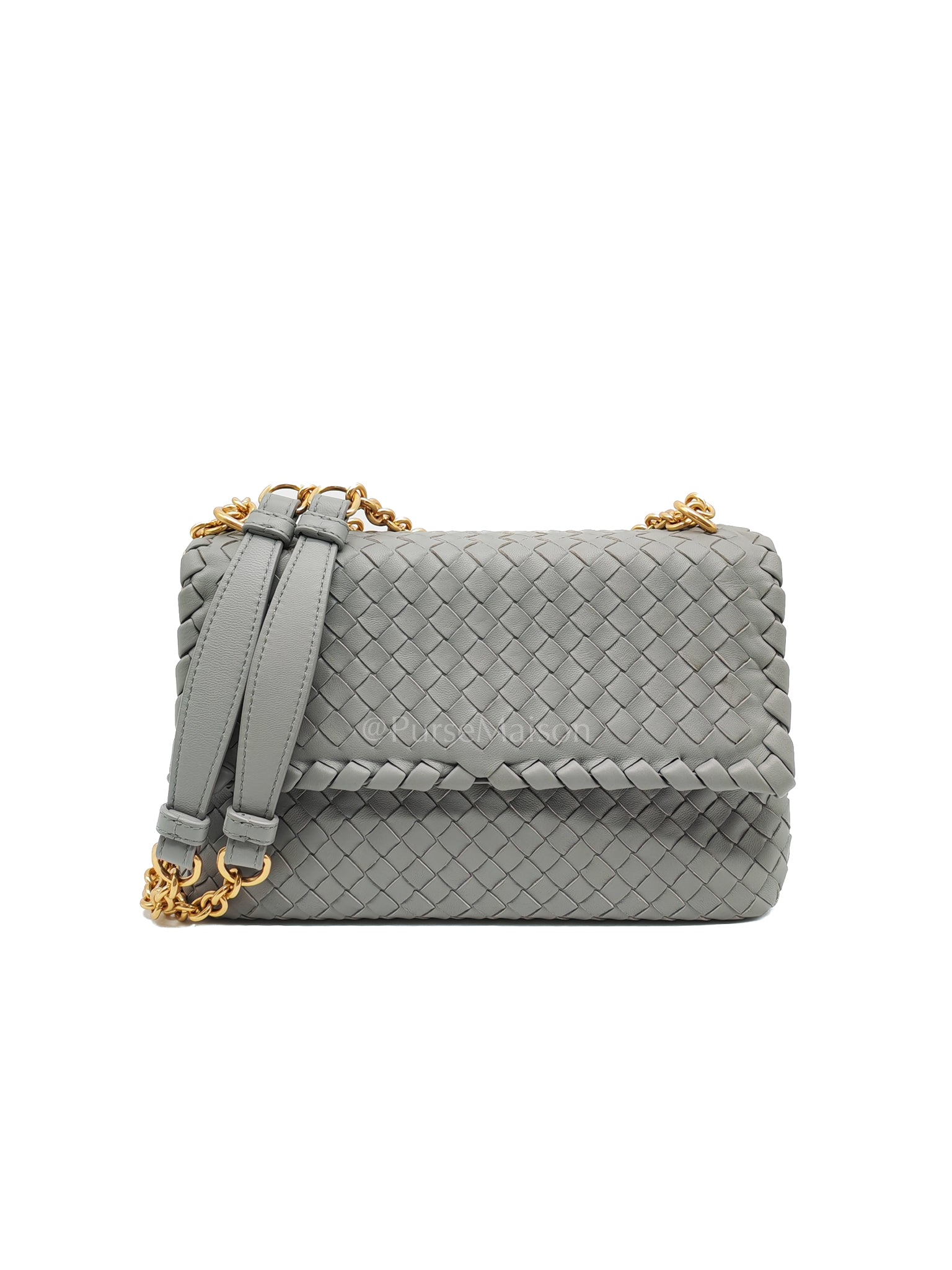 Olimpia Bag Small in Gray Intrecciato Nappa Leather & Gold Hardware | Purse Maison Luxury Bags Shop