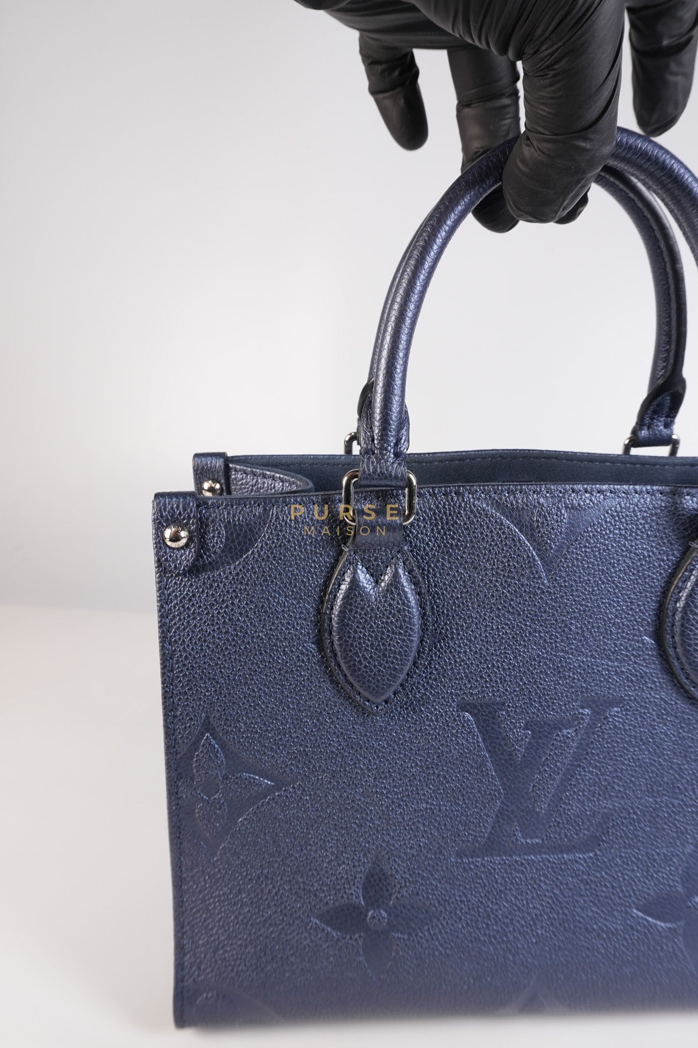 OnTheGo (OTG) PM Navy Nacre Metallic Empreinte Giant Monogram (Microchip) | Purse Maison Luxury Bags Shop