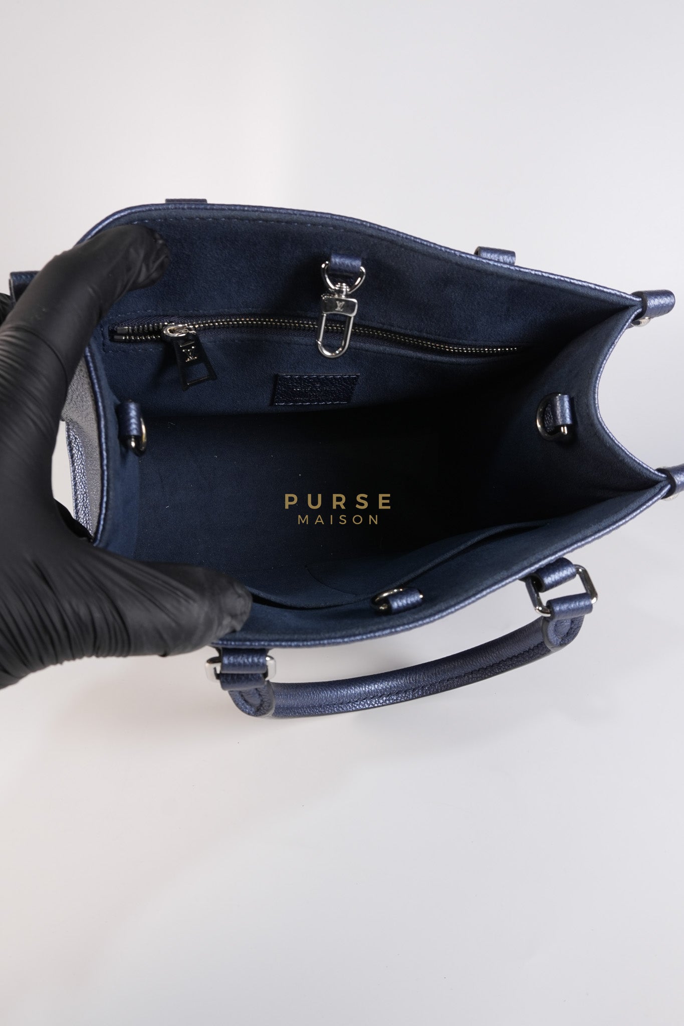 OnTheGo (OTG) PM Navy Nacre Metallic Empreinte Giant Monogram (Microchip) | Purse Maison Luxury Bags Shop