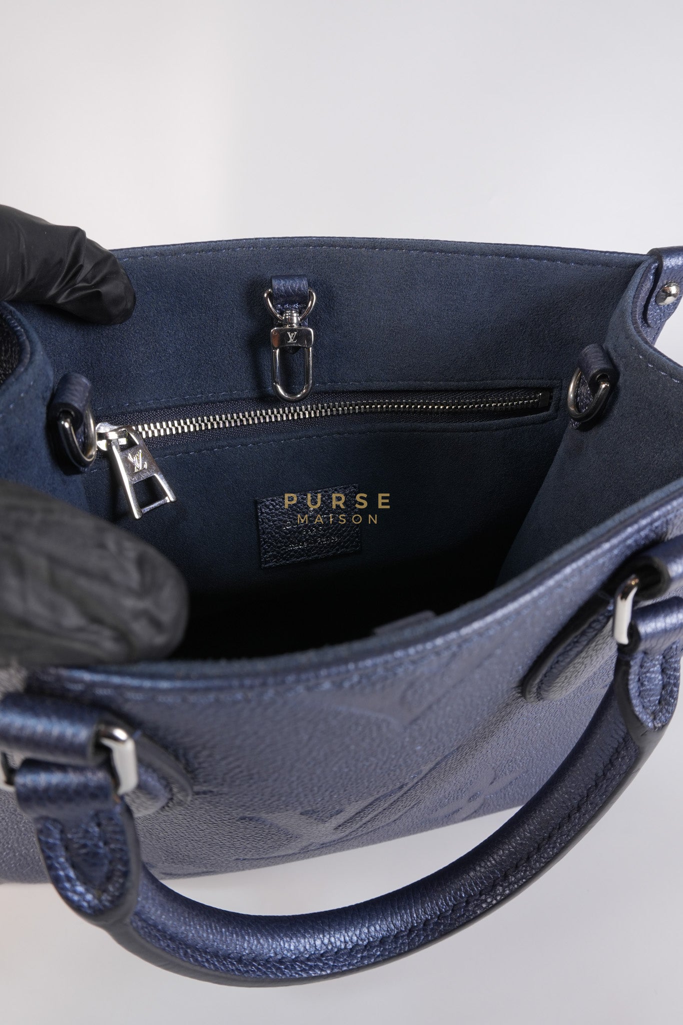 OnTheGo (OTG) PM Navy Nacre Metallic Empreinte Giant Monogram (Microchip) | Purse Maison Luxury Bags Shop