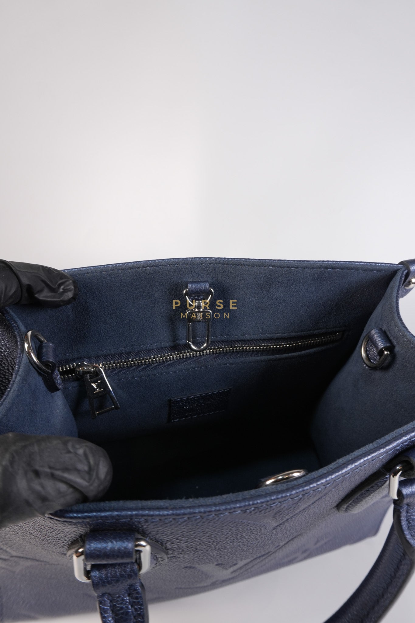 OnTheGo (OTG) PM Navy Nacre Metallic Empreinte Giant Monogram (Microchip) | Purse Maison Luxury Bags Shop