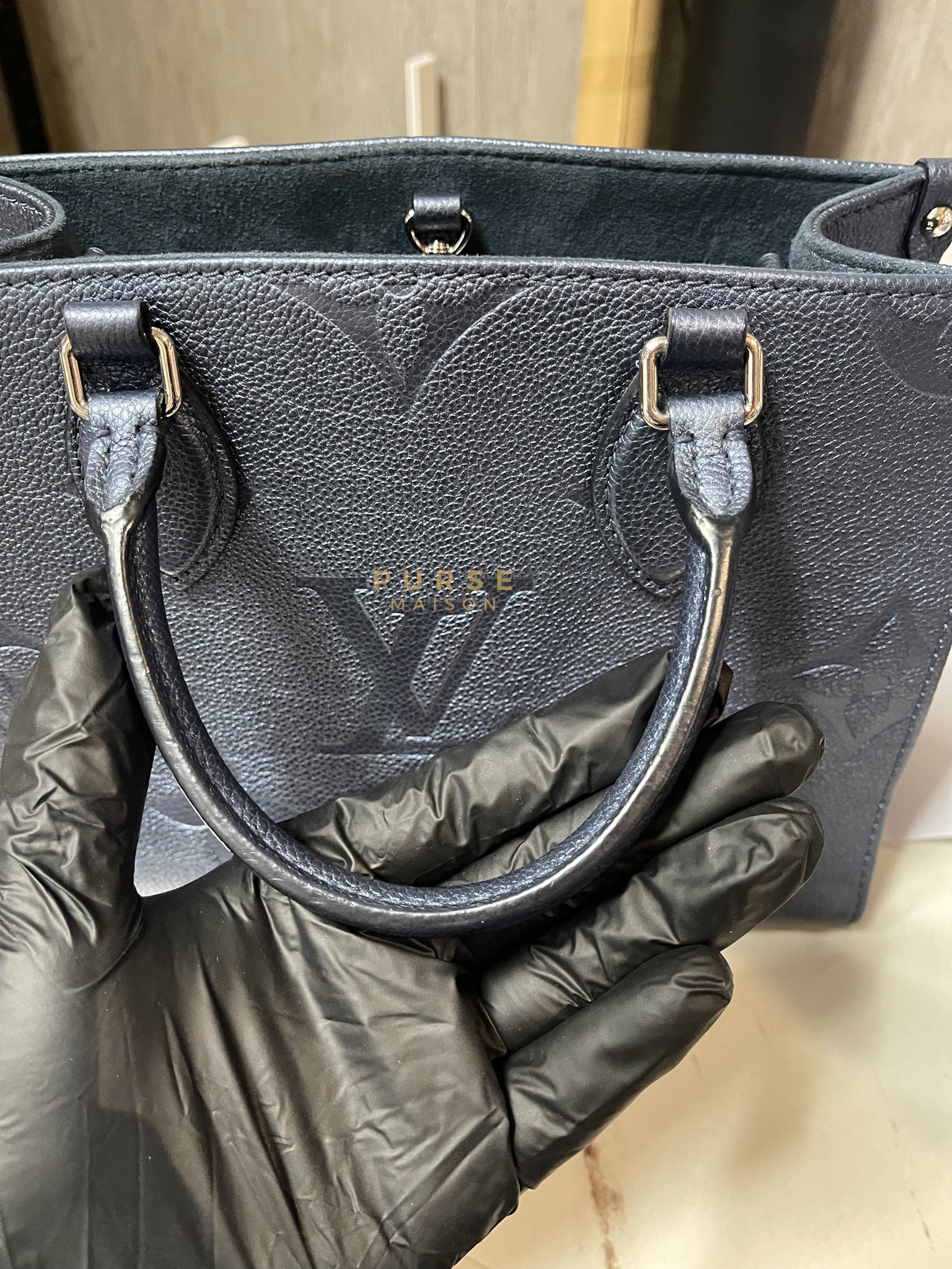 OnTheGo (OTG) PM Navy Nacre Metallic Empreinte Giant Monogram (Microchip) | Purse Maison Luxury Bags Shop