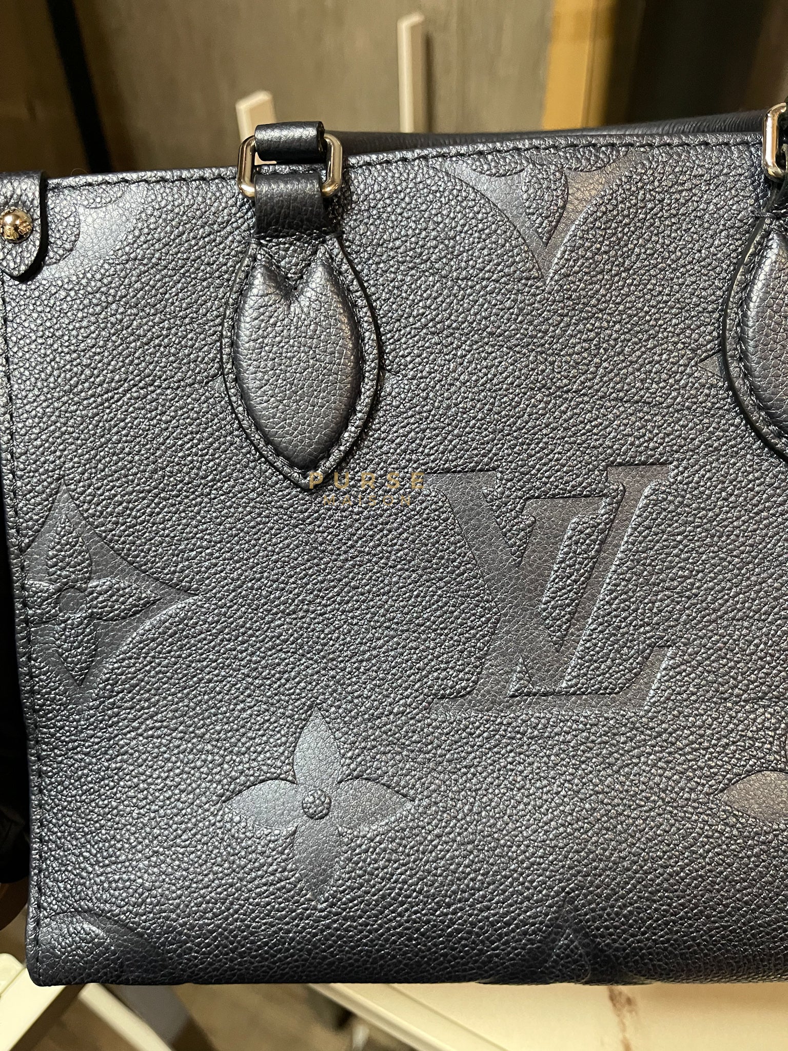 OnTheGo (OTG) PM Navy Nacre Metallic Empreinte Giant Monogram (Microchip) | Purse Maison Luxury Bags Shop