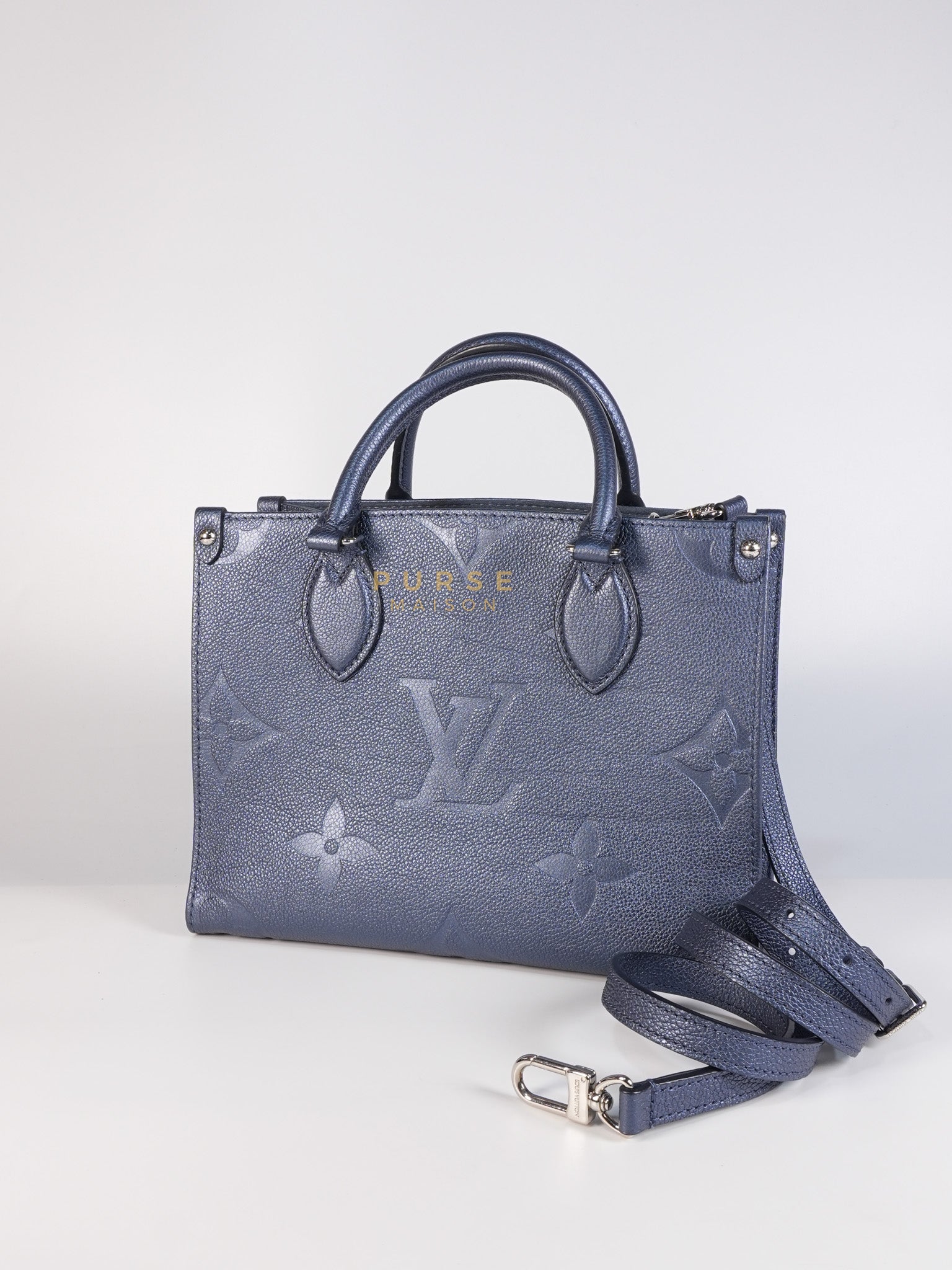 OnTheGo (OTG) PM Navy Nacre Metallic Empreinte Giant Monogram (Microchip) | Purse Maison Luxury Bags Shop