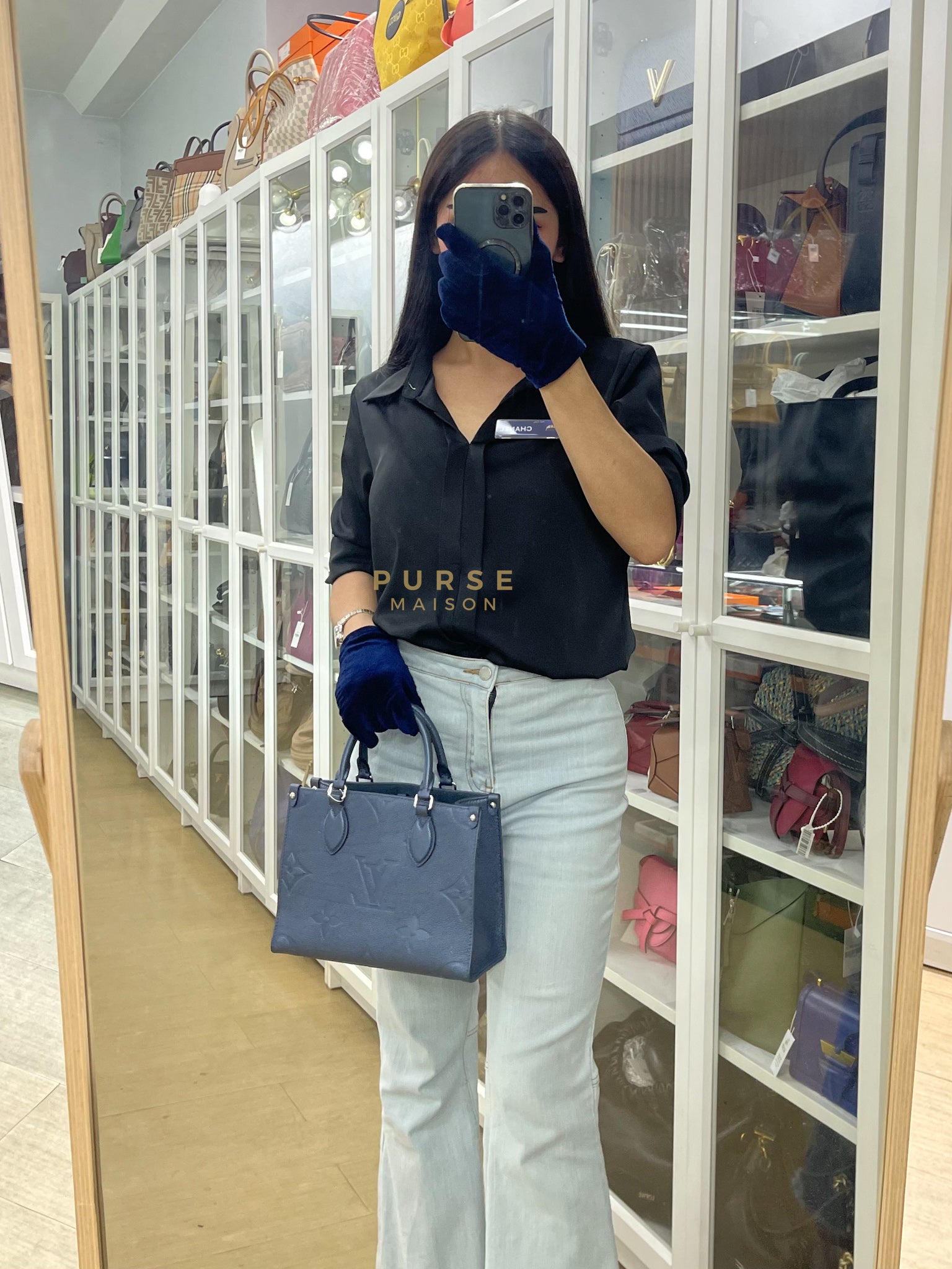 OnTheGo (OTG) PM Navy Nacre Metallic Empreinte Giant Monogram (Microchip) | Purse Maison Luxury Bags Shop