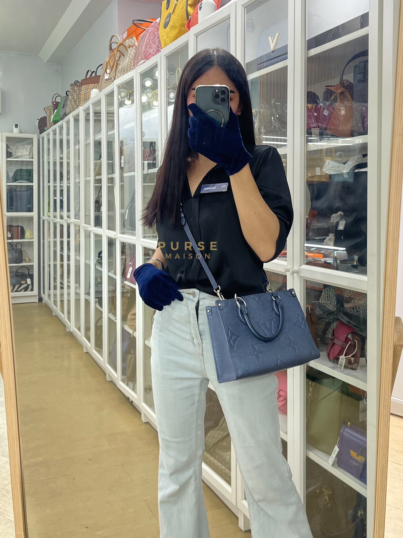 OnTheGo (OTG) PM Navy Nacre Metallic Empreinte Giant Monogram (Microchip) | Purse Maison Luxury Bags Shop