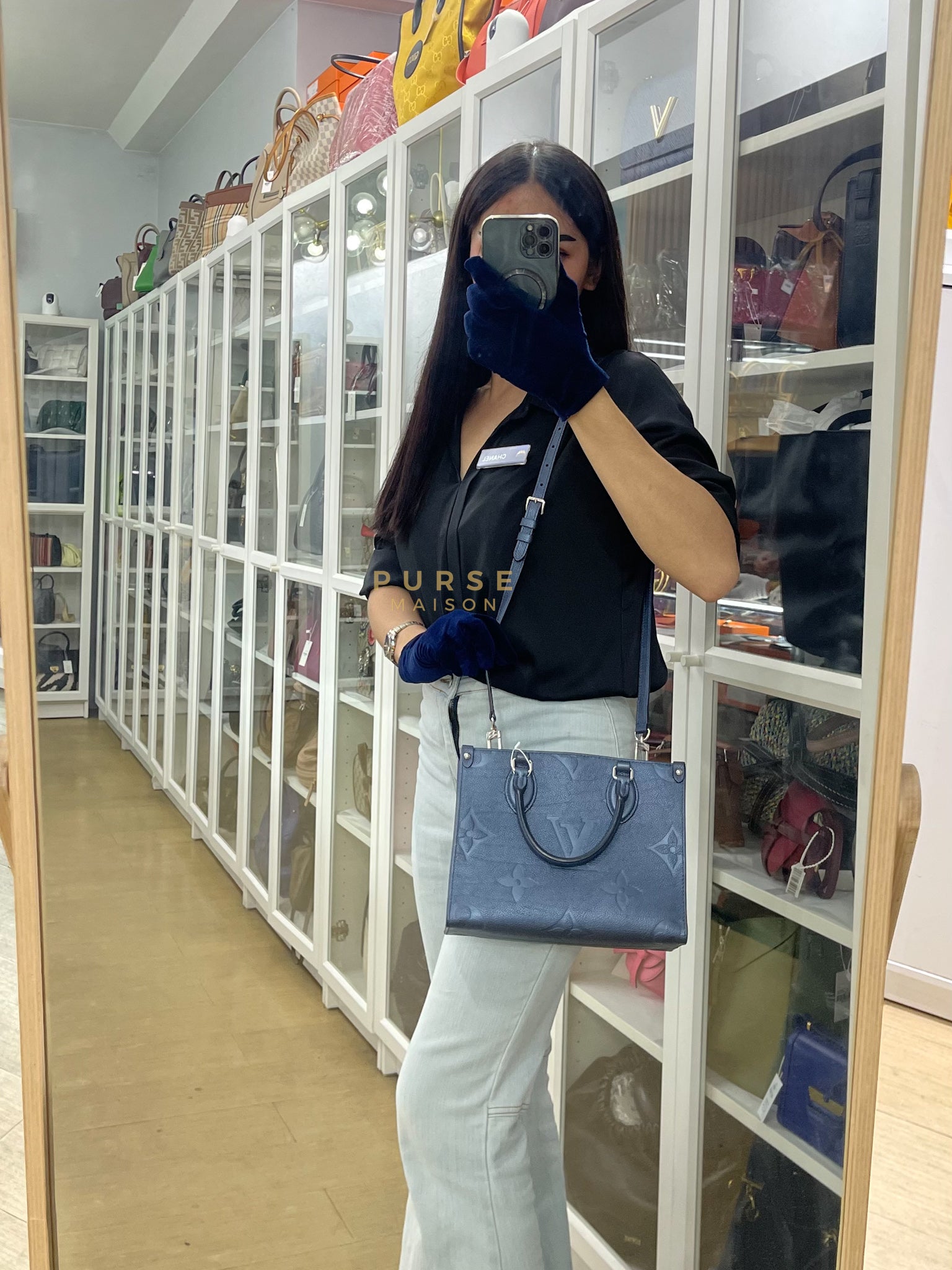 OnTheGo (OTG) PM Navy Nacre Metallic Empreinte Giant Monogram (Microchip) | Purse Maison Luxury Bags Shop