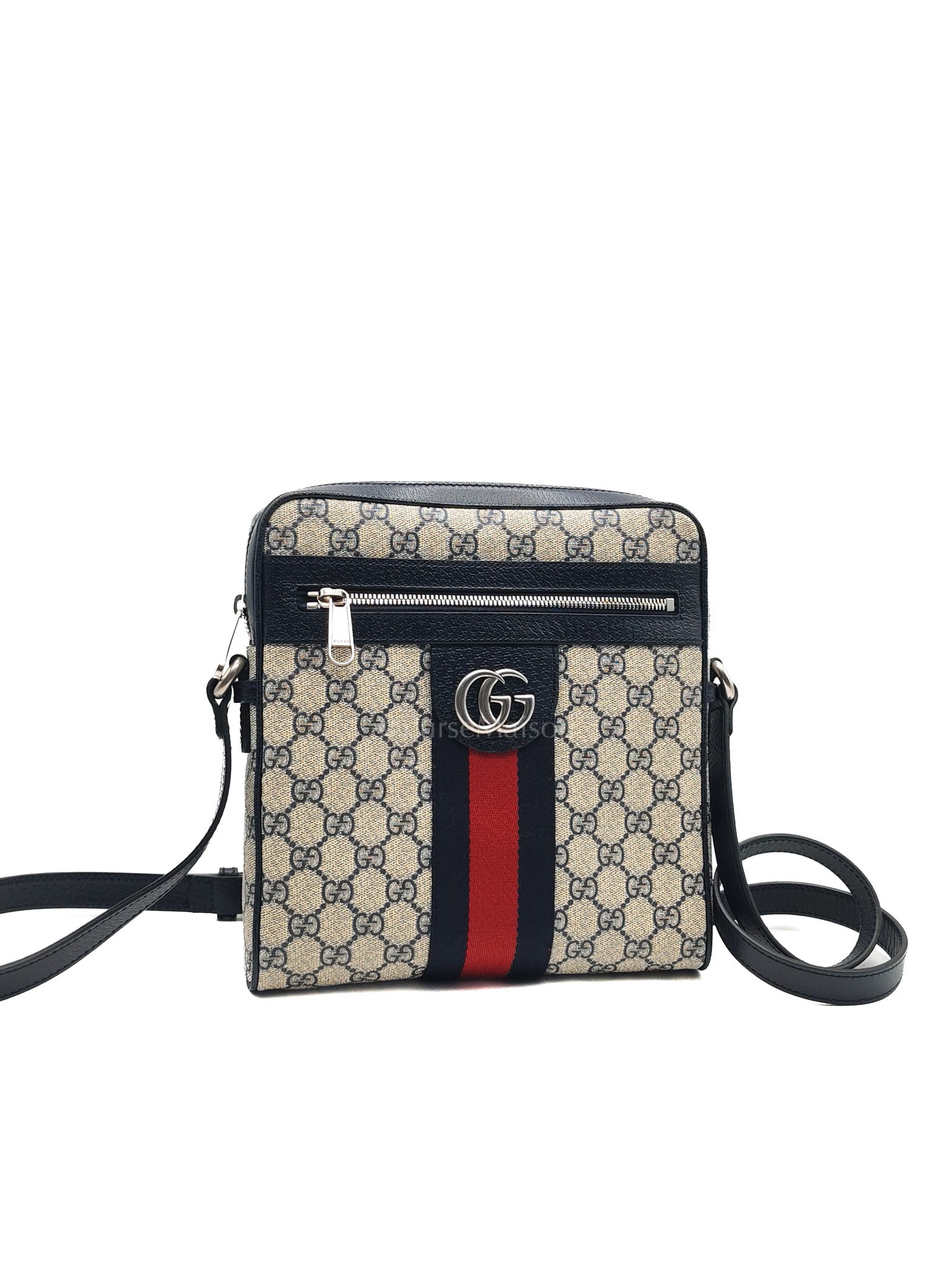 Ophidia Messenger Bag Small in Navy Blue GG Supreme Monogram Canvas & Silver Hardware | Purse Maison Luxury Bags Shop