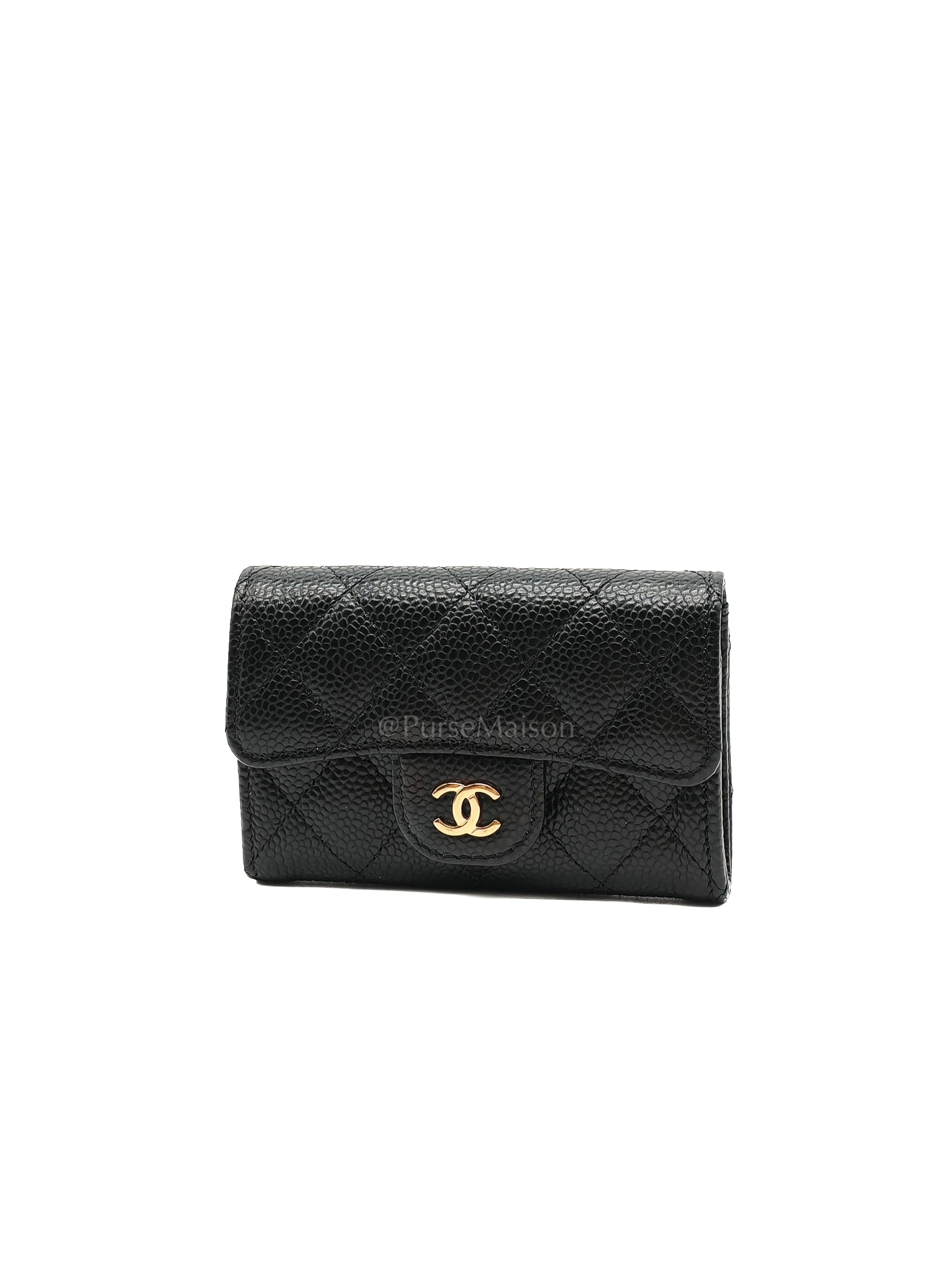 Classic Card Holder Flap Caviar Leather in Gold Hardware (Microchip)