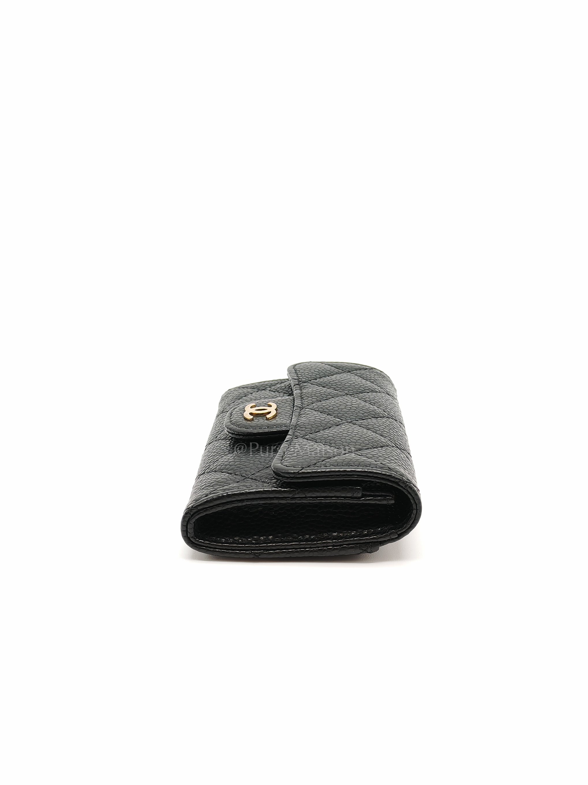 Classic Card Holder Flap Caviar Leather in Gold Hardware (Microchip)